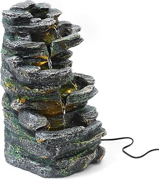 6-Tier Rock Outdoor Water Fountain with Warm LED Lights, Weatherproof Resin Decor Fountain for Garden Porch Yard Patio, Symbolizing Wealth & Good Fortune