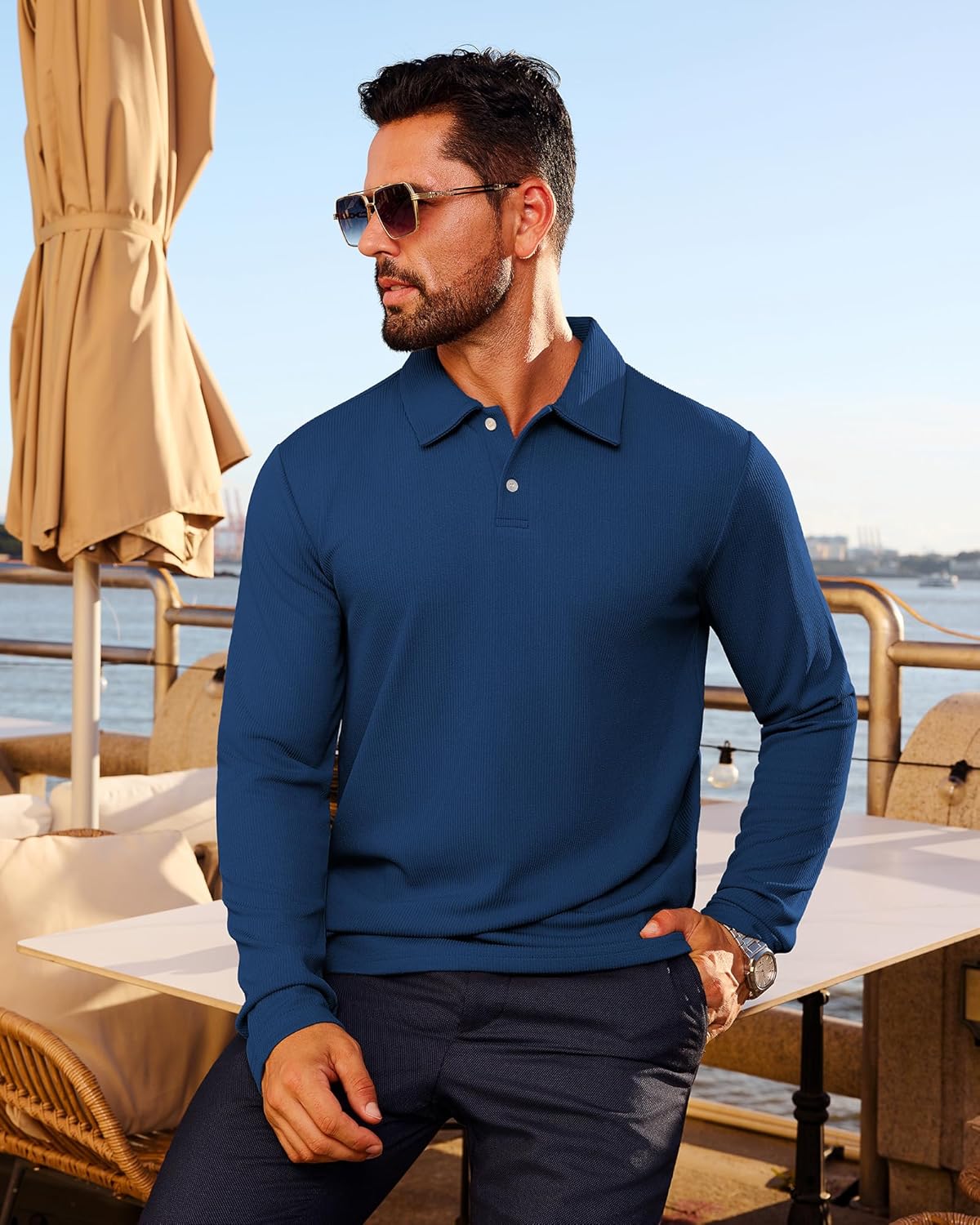 Mens Casual Polo Shirts Long Sleeve Striped Textured Slim Fit Lightweight Soft Classic Collared Golf Shirts - Image 5