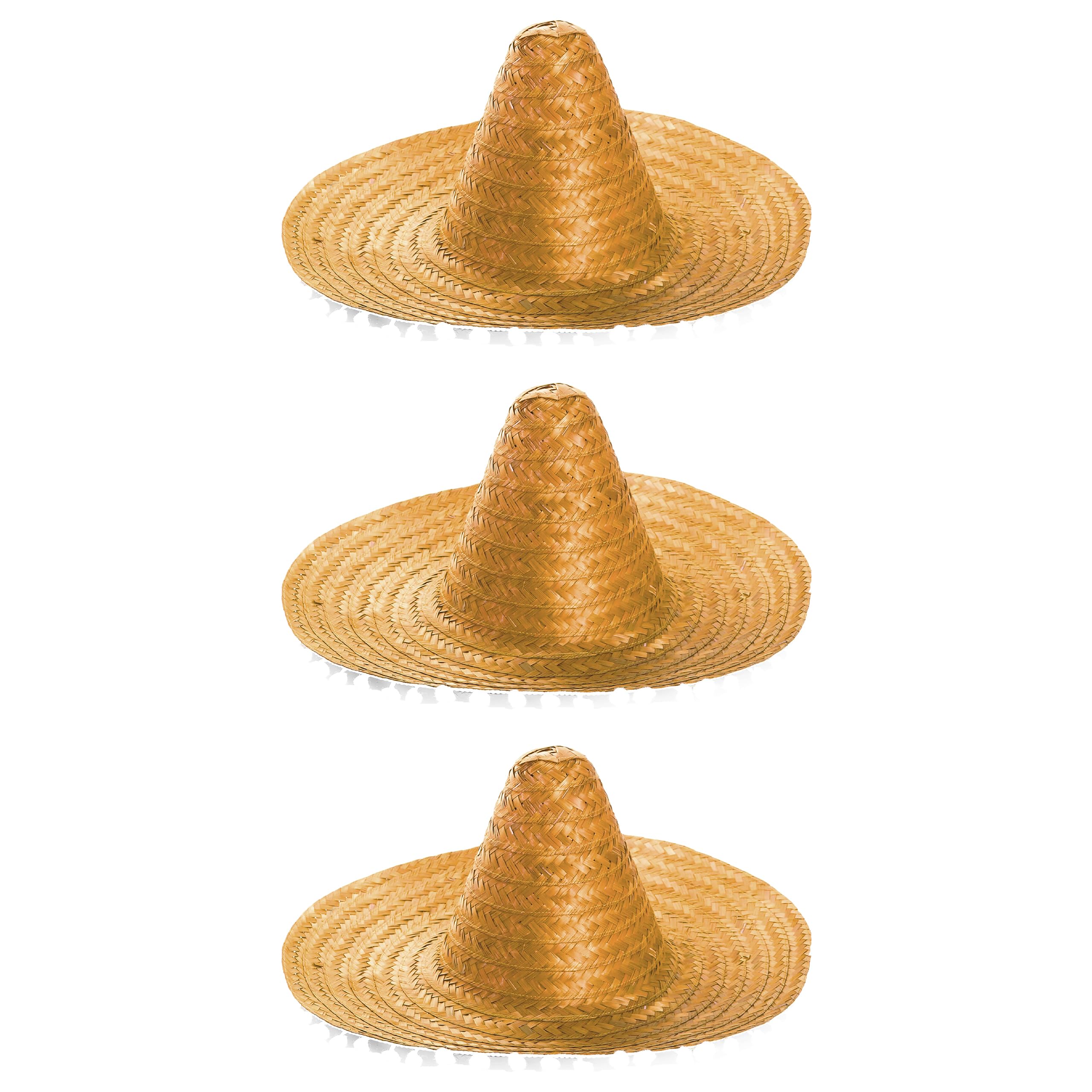 Adults Mexican Sombreros - Pack of 3 Orange Straw Sombreros with Pom Pom Edges - Mexico Cinco de Mayo Fancy Dress Accessory