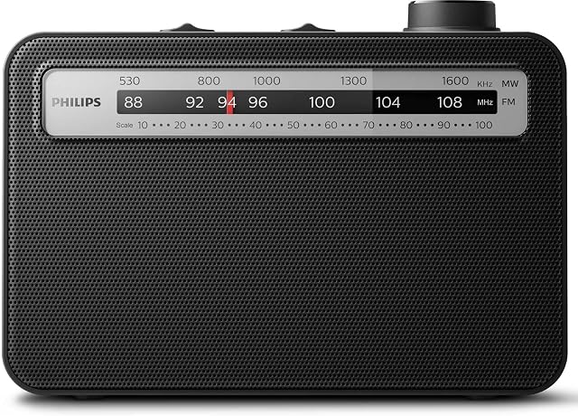 Philips Classic Radio, przenośne, analogowe radio FM/MW, zasilane elektrycznie lub bateriami, do użytku wewnątrz i na zewnątrz, klasyczna czarna konstrukcja, 21cm x 14.9cm x 6,63cm