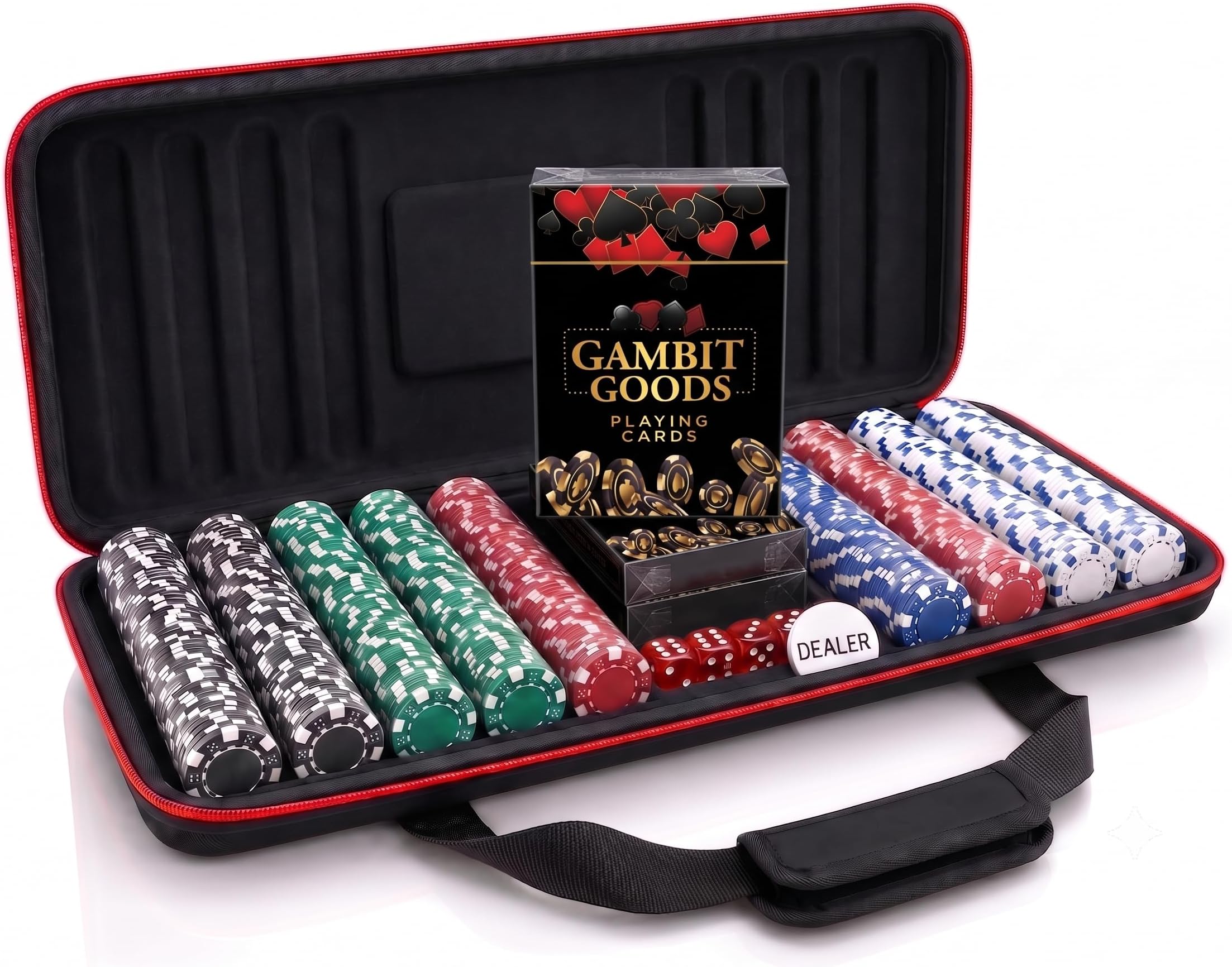 Adult Casino Style 500 Chips/Pcs Poker Chips Set with A Unbreakable Hard Case, 2 Decks of Card Game, 5 Dice, 1 Dealer Button for Kids(Classic Multiplayer Game)
