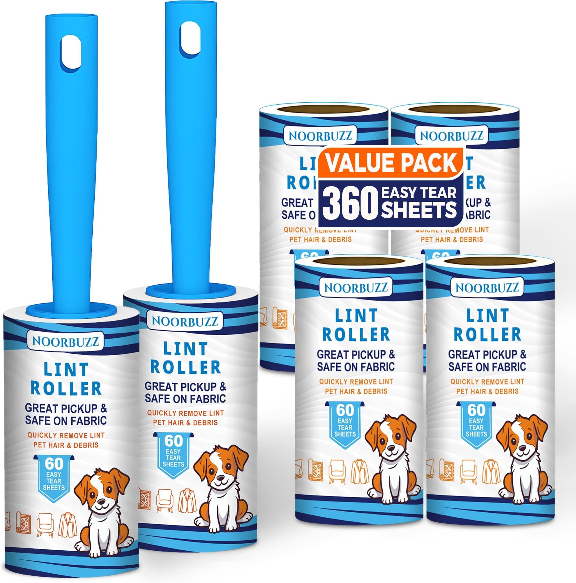 Extra Sticky Lint Roller for Pet Hair Removal – Reusable Dog Cat Hair Remover with 2 Durable Handles 6 Refills (360 Easy-Tear Sheets) Protective Cover – Fluff Brush for Clothes, Furniture, Bed, Carpet