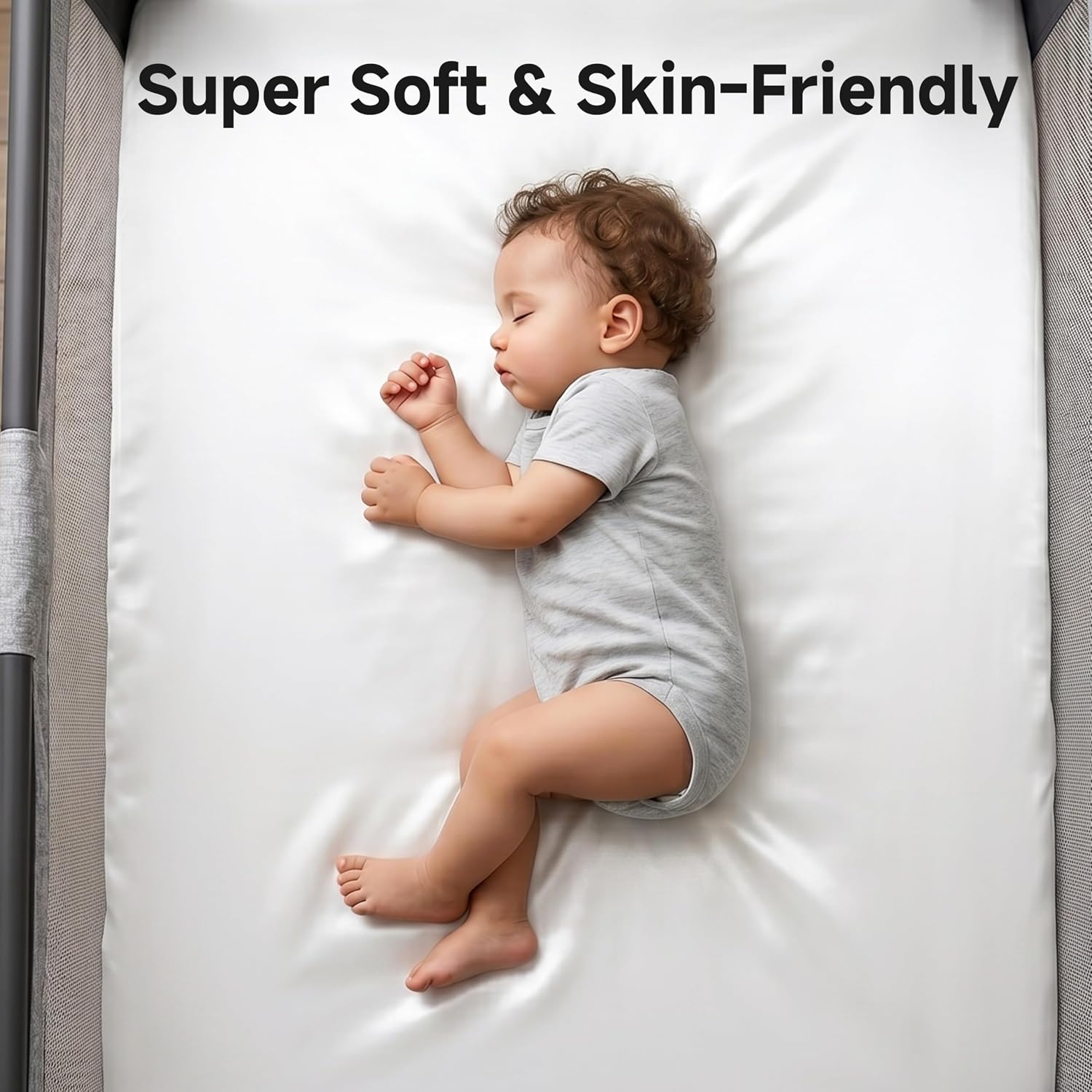 2 Pack 42"x24" Satin Pack and Play Sheets Fitted, Silky Feeling Great for Baby Hair, Soft Playard Protector, Skin-Friendly Mini Crib Mattress Cover (White and Gray)