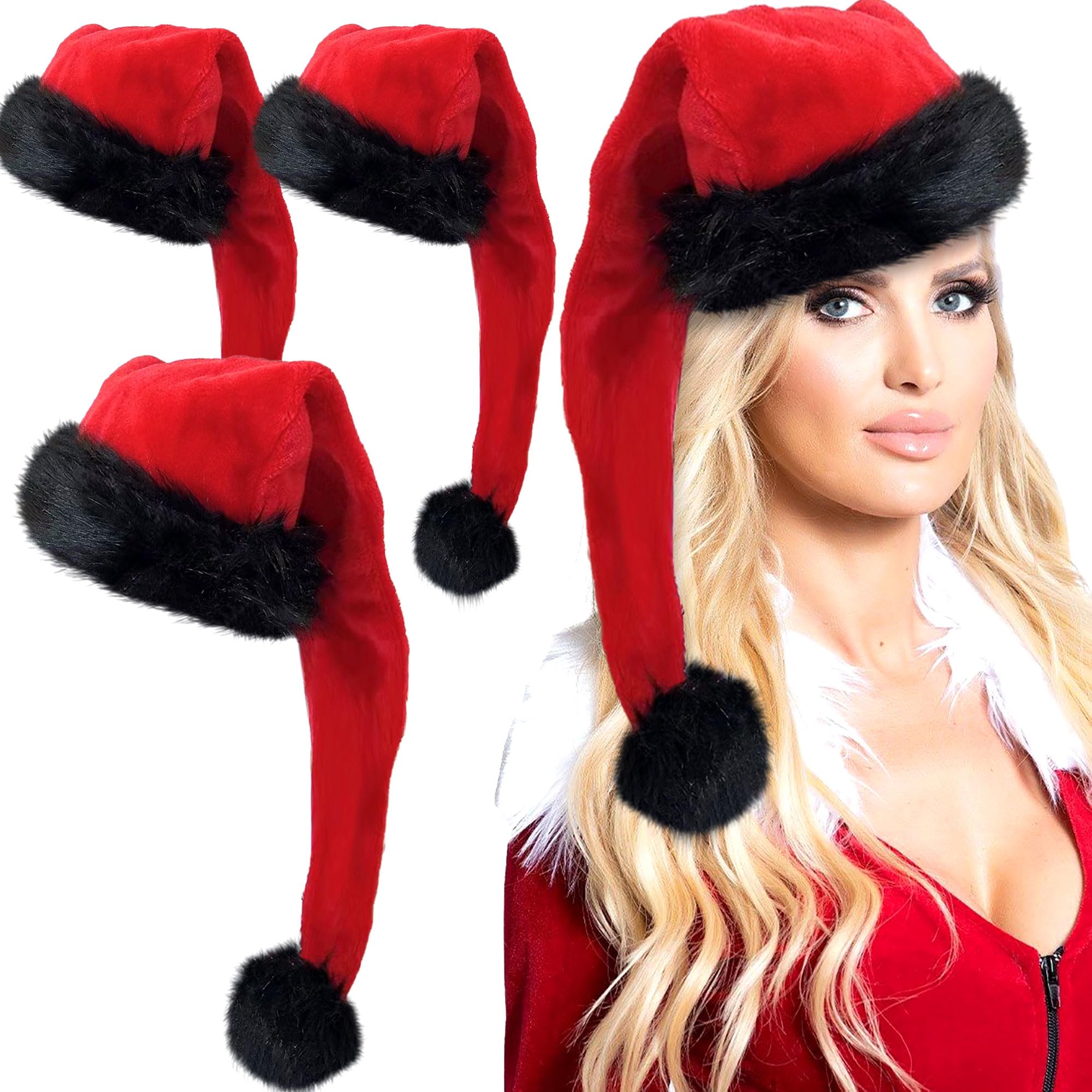 LaVenty Black Long Santa Hat Cute Santa Hat For Women Cute Christmas Hats for Christmas Party Supplies Christmas Party Costume Cosplay