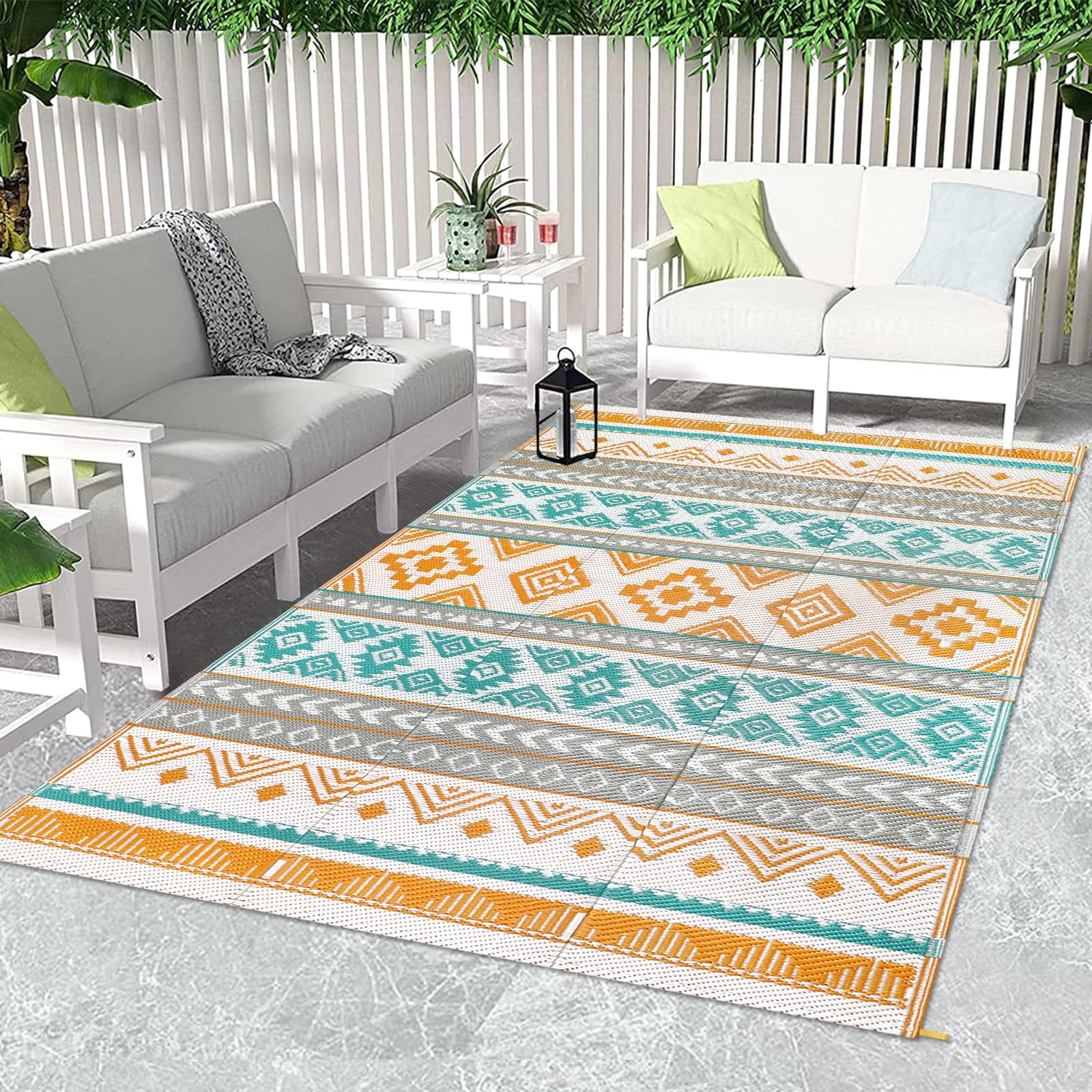 Famibay Tapis Exterieur Resistant Pluie Réversible Tapis Exterieur 150x245cm Résistant Aux UV Plastique Gris Jaune Teal Tapis pour Terrasse Camping Jardin Balcon