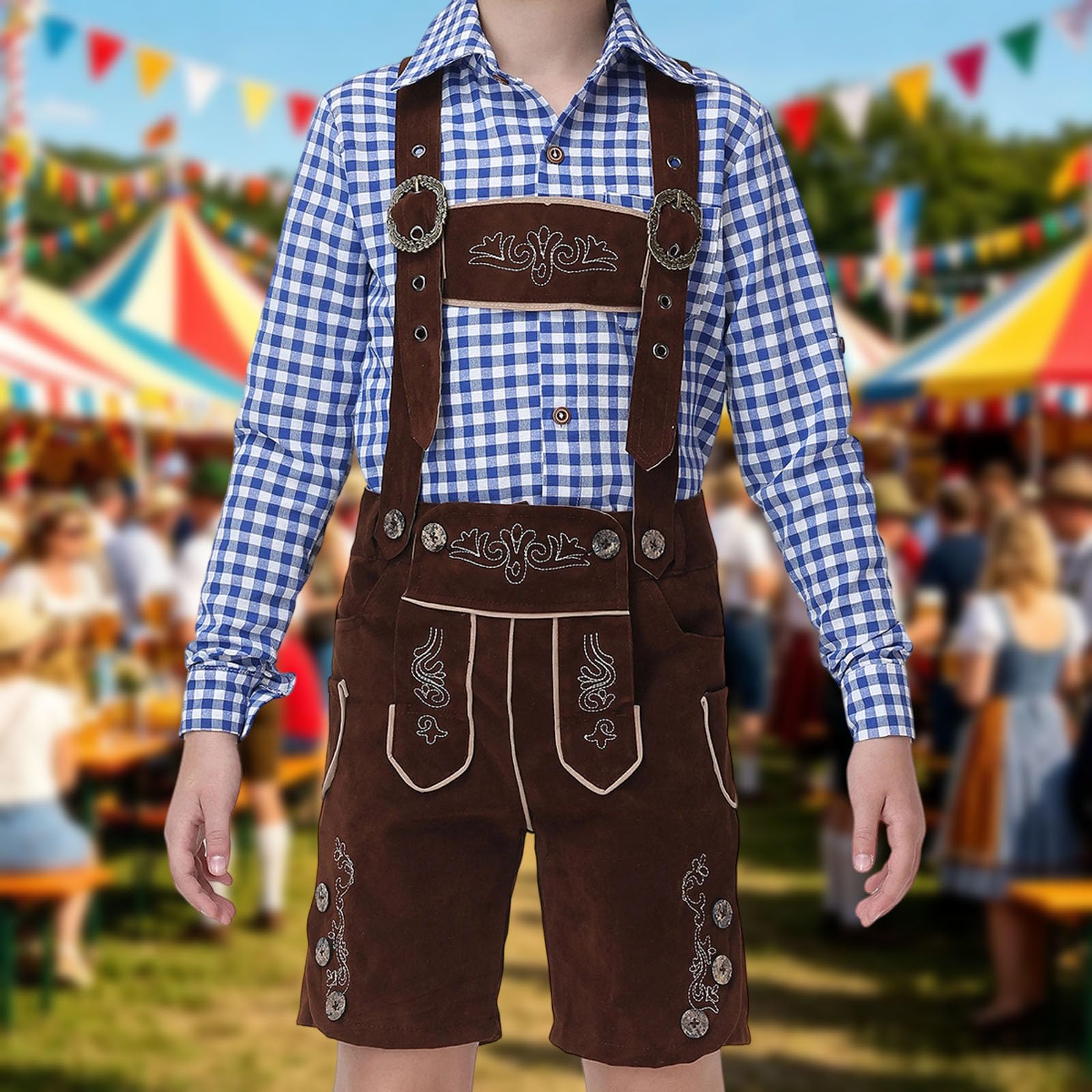 Trachten Lederhose Jungen Kurz Trachtenhose mit Träger Traditionelle Bestickt Kinderlederhose für Oktoberfest Wiesn und weitere Feierlichkeiten Bayrische Tracht Lederhosen Trachtenlederhosen