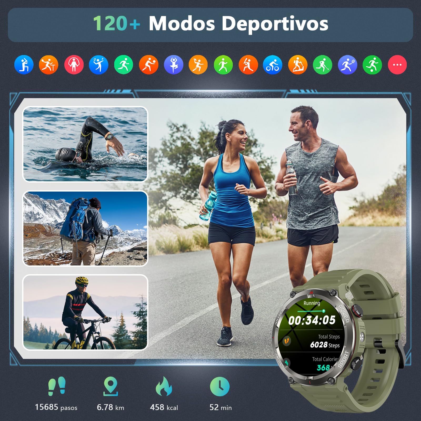 Reloj Inteligente Hombre, Smartwatch Hombre con Linterna y Brújula, 1.45" Smartwatch con Llamadas Bluetooth Monitor Sueño, 2 Correas,Pulsera Actividad Impermeable IP68