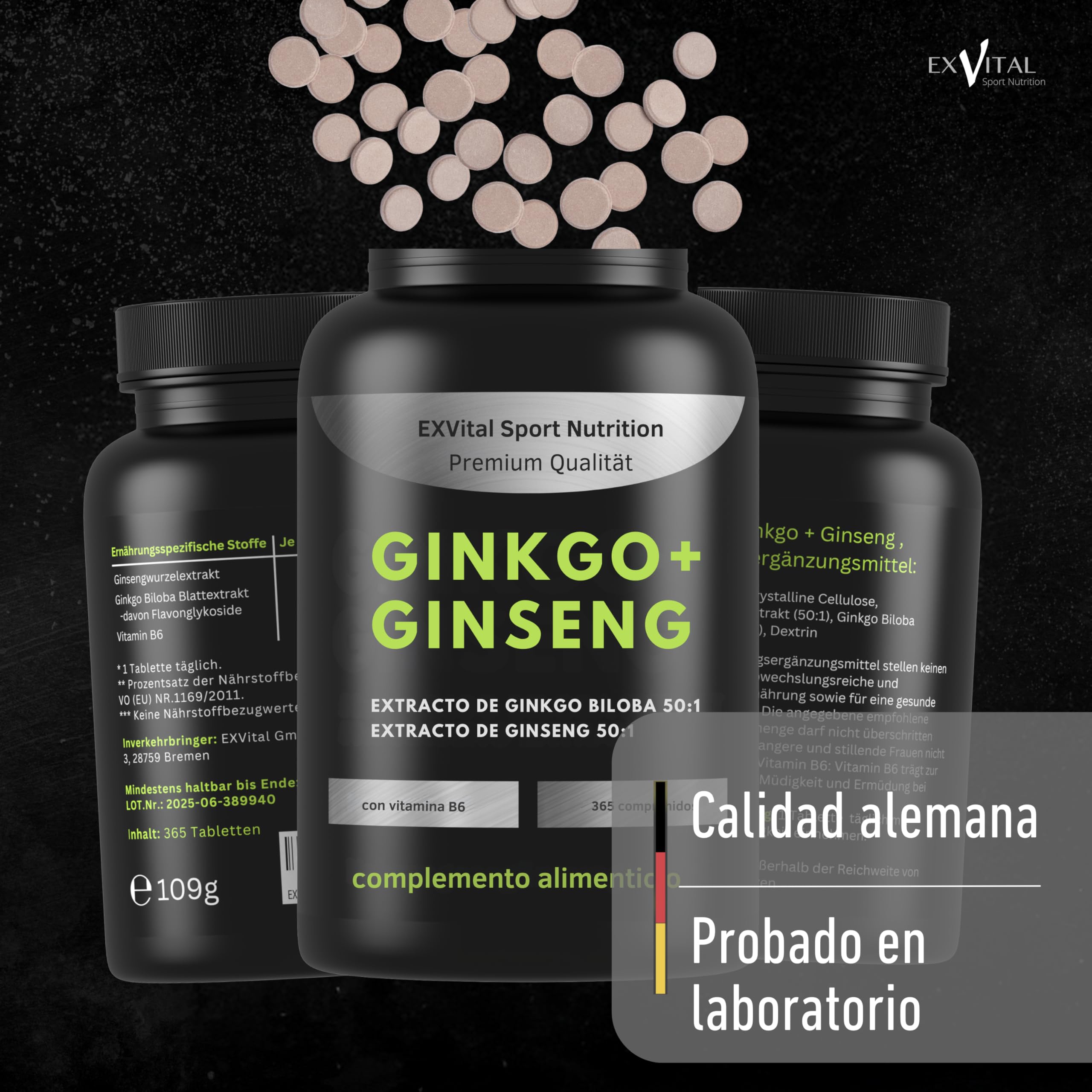 EXVital® Ginkgo + Ginseng, 365 comprimidos, extractos vegetales 50:1, alta concentración – Ginkgo biloba y ginseng coreano – Analizado en laboratorio – Vegano