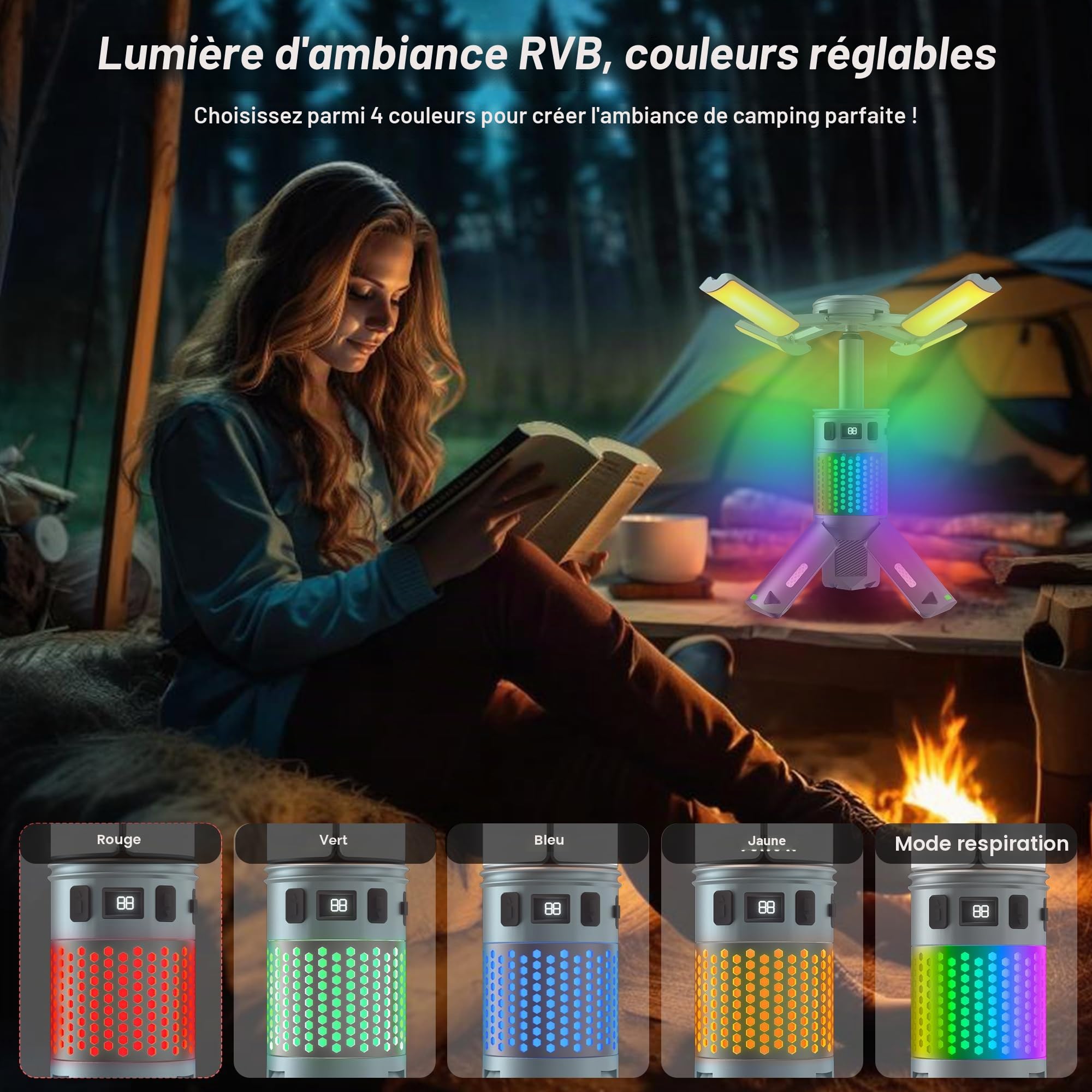 Lampes de camping, lampes de camping télescopiques rechargeables avec support, 12 000 mAh, lanternes de camping et lumières avec RVB, base magnétique, lampes de poche portables pour camping, randonnée