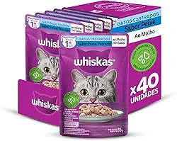 Packs de Ração Úmida Whiskas Sachê para Gatos Adultos Castrados, Peixe ao Molho, 40 Sachês de 85 g