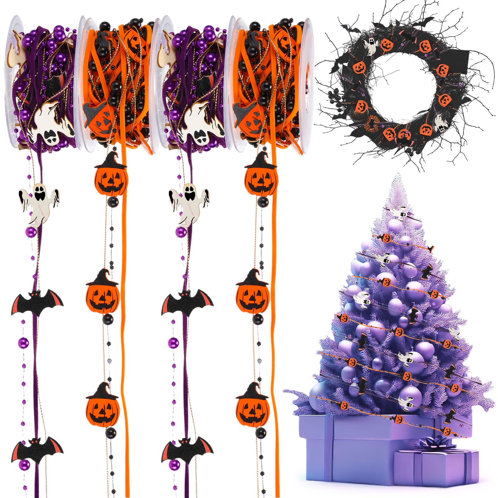 4 Rolls 20 Yards Halloween Ribbon Decorations Bat Spider Web Pumpkin Wreaths Print Grosgrain Ribbon Halloween Ghost Ribbon for Crafts, Gift Wrapping and Halloween Party DIY Supplies