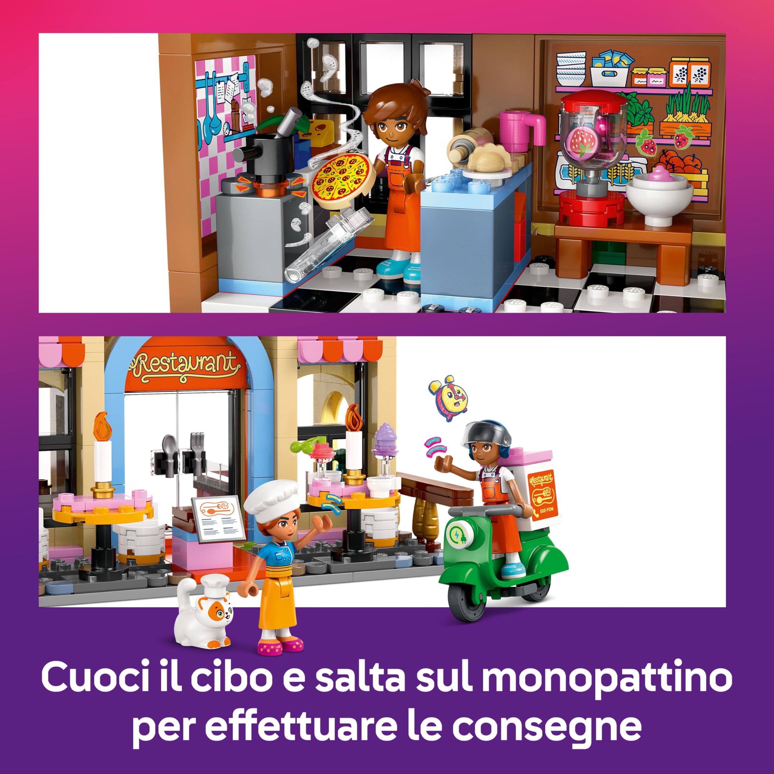 LEGO Friends Ristorante e Scuola di Cucina, Giochi Creativi per lo Sviluppo delle Abilità Sociali per Bambine da 8 Anni con Mini Bamboline, Gatto e Cibo giocattolo, Idea Regalo di Compleanno 42655