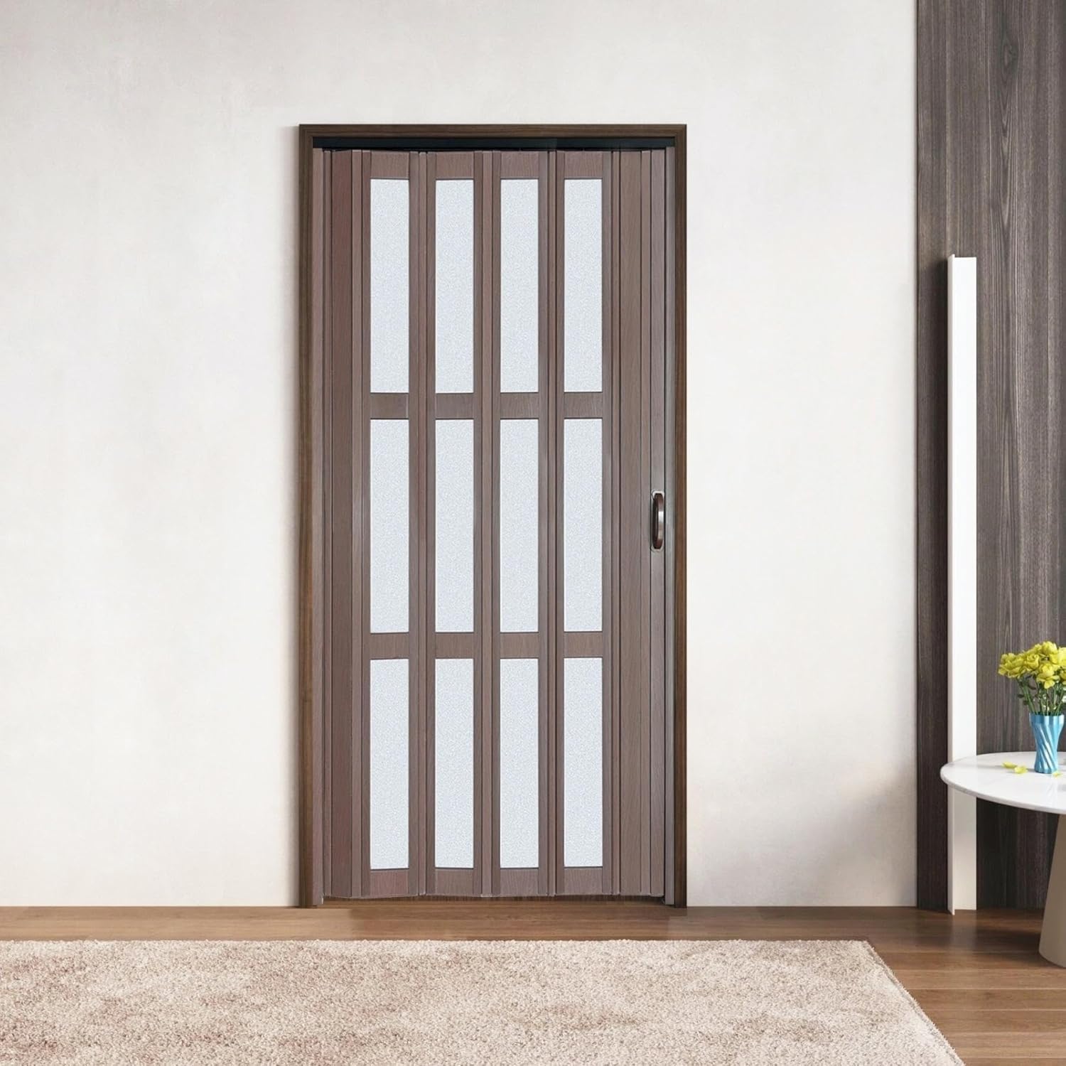 CCBOYSHARDWARE 48X80in Accordion Door with Frosted Acrylic Panels, PVC Folding Door with Lock & Handle, Double Magnetic Bifold Door for Closet, Bathroom& Room Divider,Easy to Clean,Trimmable,Brown