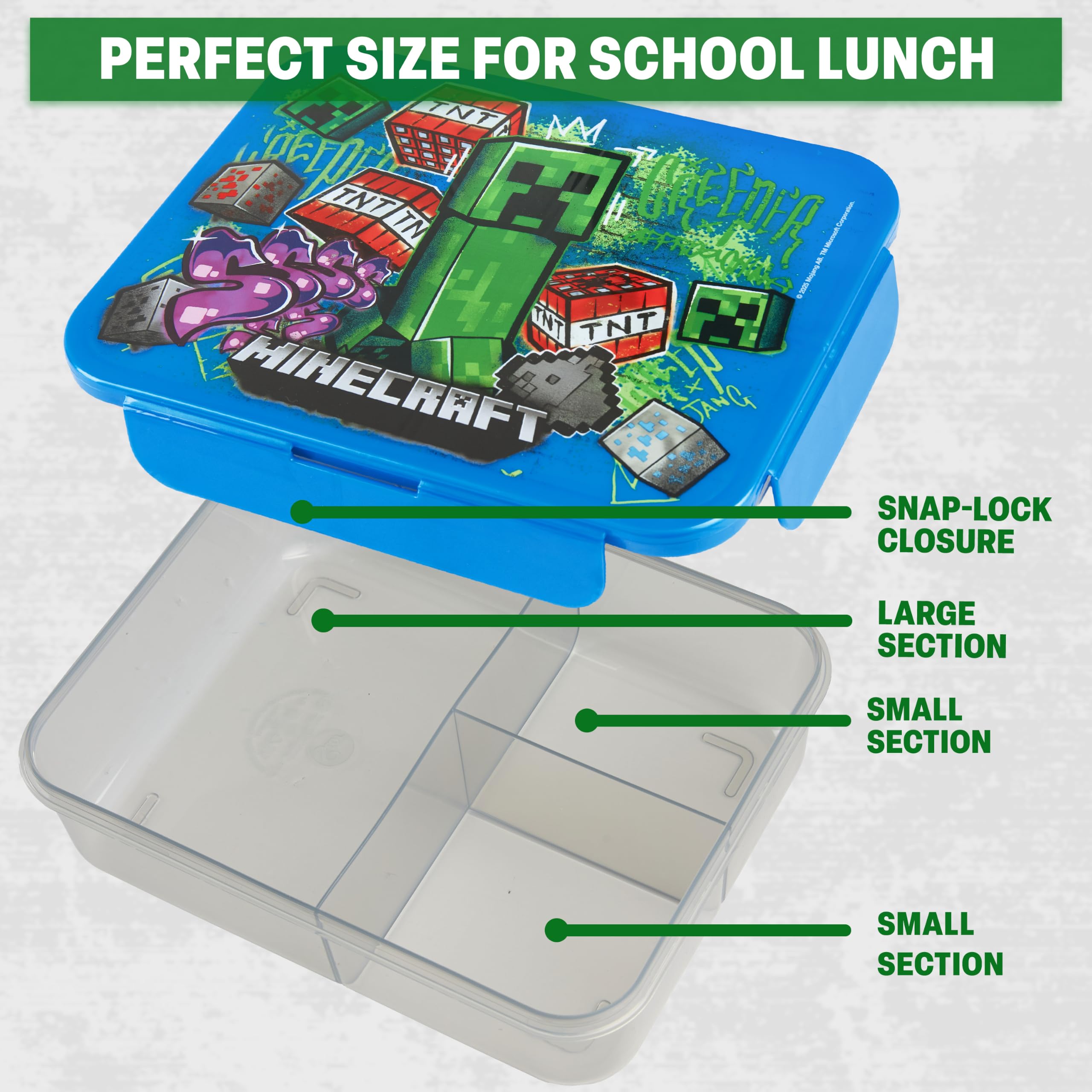 Get Trend Minecraft Porta Pranzo Bambini, Set 2 Pezzi con Senza BPA Bento Box 3 Scomparti e Borraccia Coperchio Apribile con Cannuccia 640ml, Scuola Idea Regalo (Multi Minecraft)