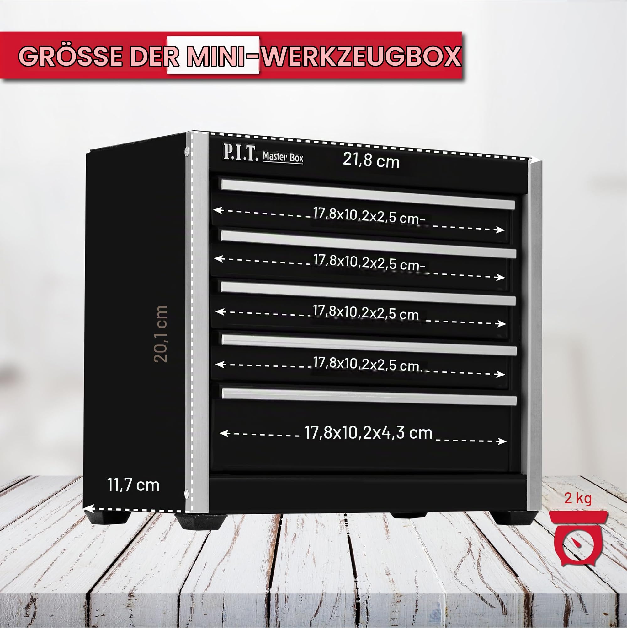 P.I.T. Werkzeugkiste Metall mit 5 Schubladen, Werkzeugkoffer leer,Schwarz