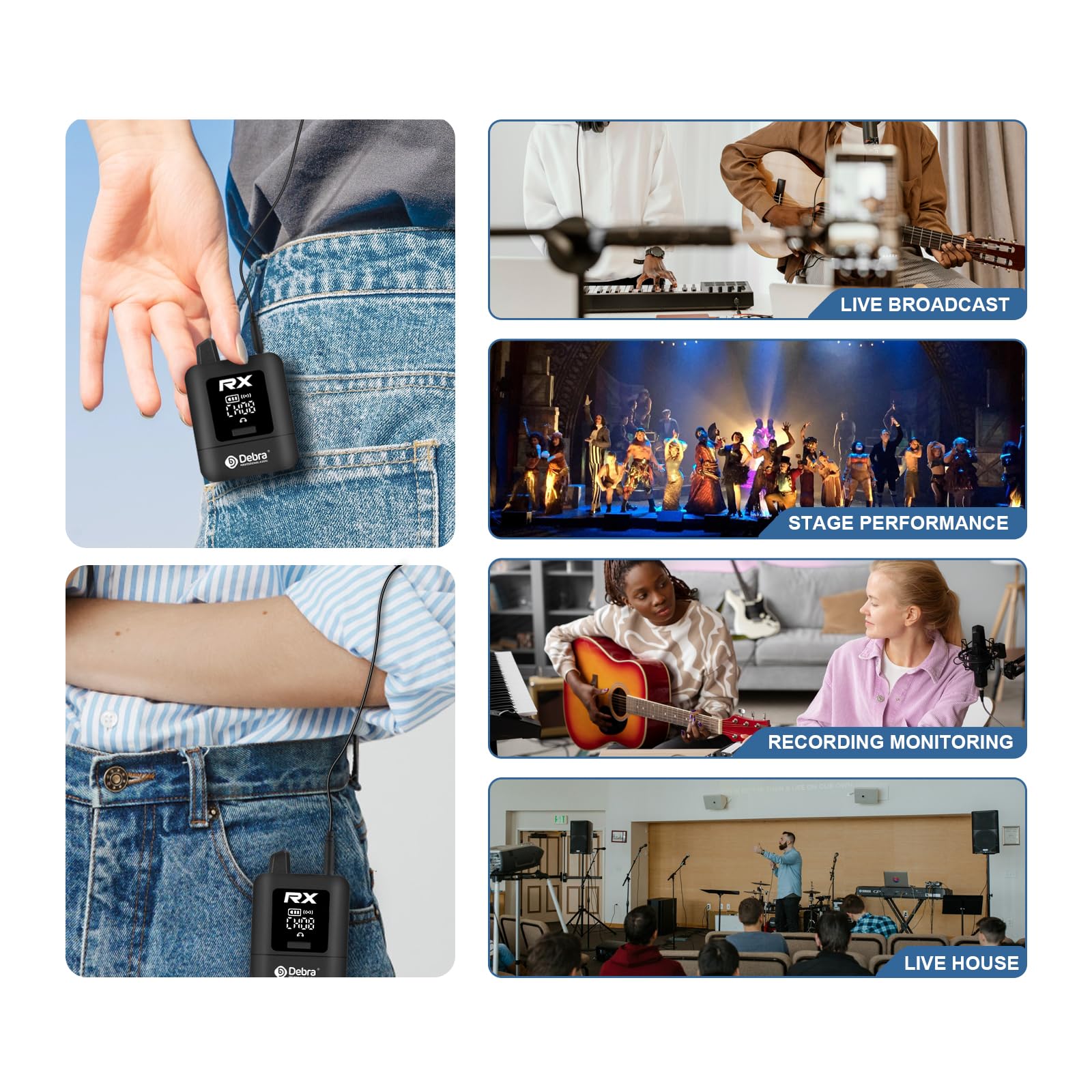 Debra ST-Mini Sistema IEM Professionale – Trasmissione Wireless 2.4G a 50m, Autonomia Prolungata, Ricevitori Illimitati Nero