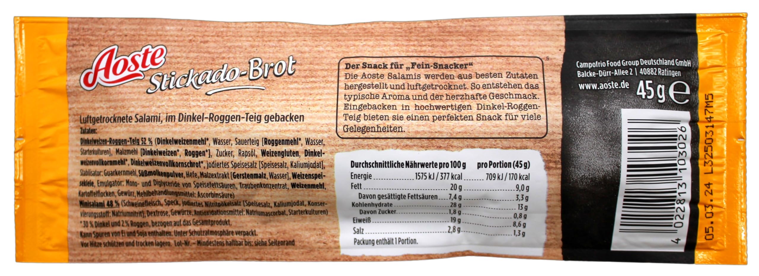 Aoste Stickado-Brot Classique Luftgetrocknete Salami im Dinkel-Roggen-Teig, 12er Pack (12 x 45g)