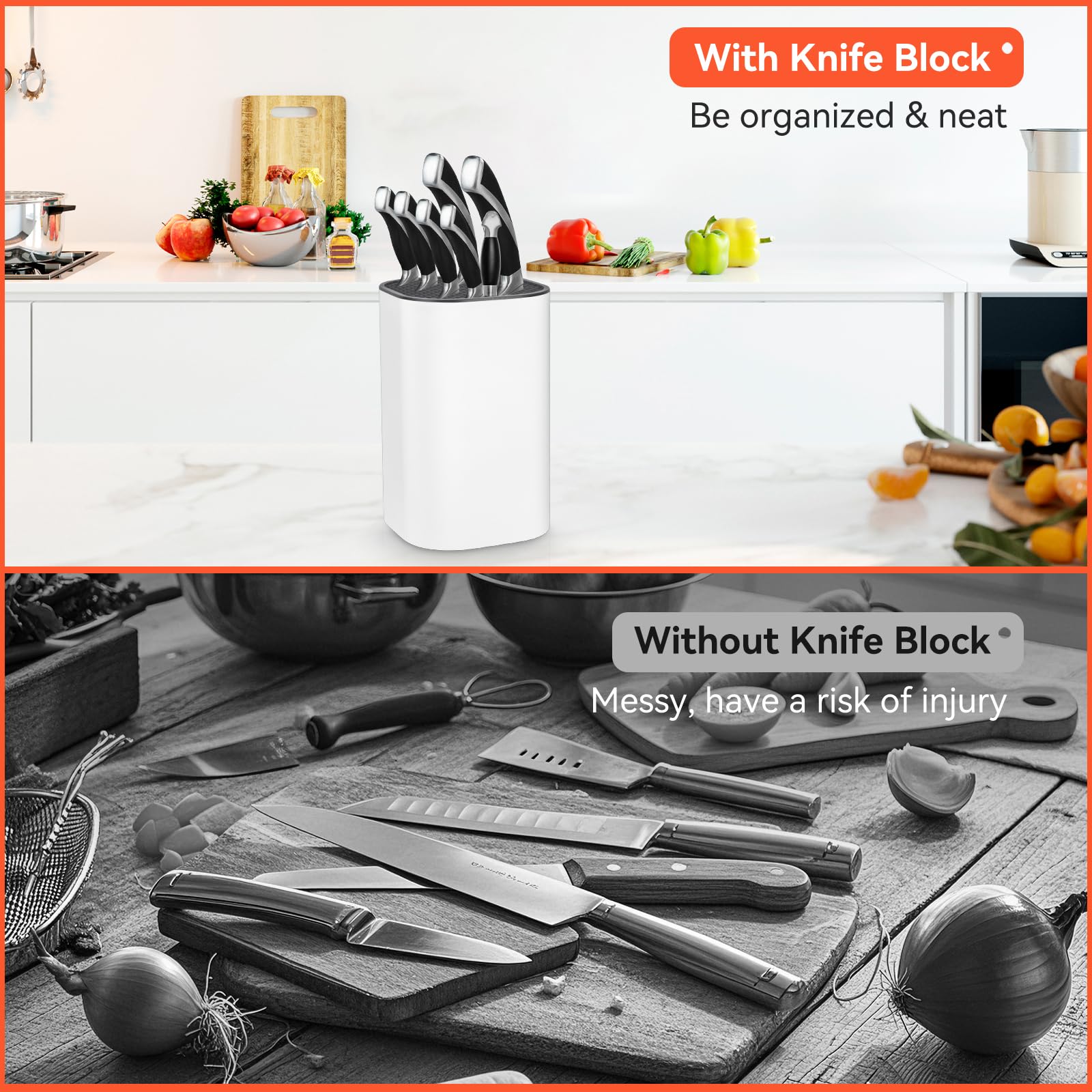 Coltelli da Cucina, Porta Coltelli Senza Coltello con Design di Drenaggio, Ceppo Portacoltelli Bianco con Lamelle Flessibili, Universale Moderno Portacoltelli per Tutti da Cucina