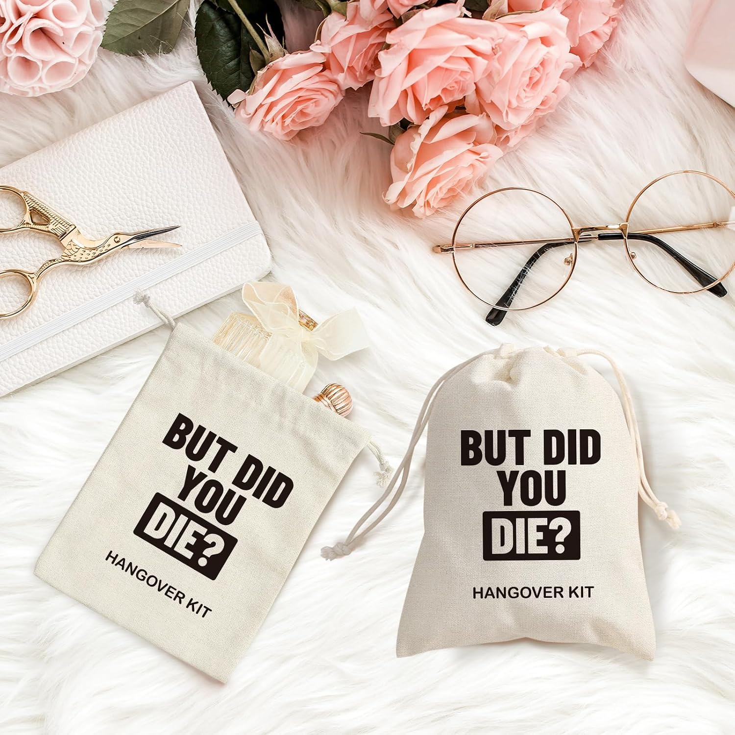 10 Pack 'But Did You Die' Hangover Recovery Survival Kit - Off-White Drawstring Pouch Bags for Engagement, Wedding, Bachelorette Party, Trip - Bridesmaid Gifts, Bridal Shower image 5