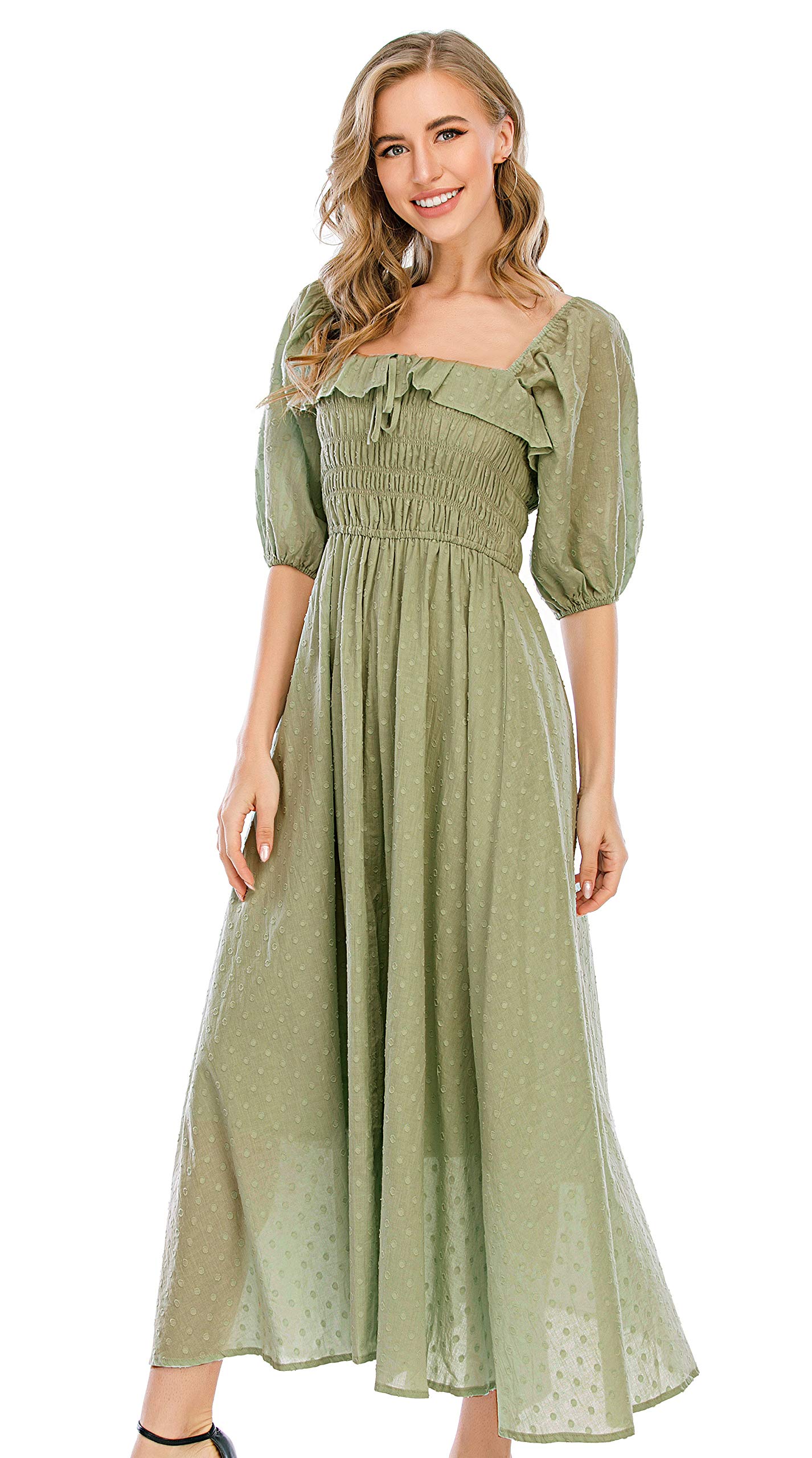 R.Vivimos Women Summer Cotton A Line Flowy Long Dresses | Half Sleeve, Ruffled, Vintage Elegant, Smocked Backless Dress, Maternity Shoot, Baby Shower, Casual Vacation Outfits
