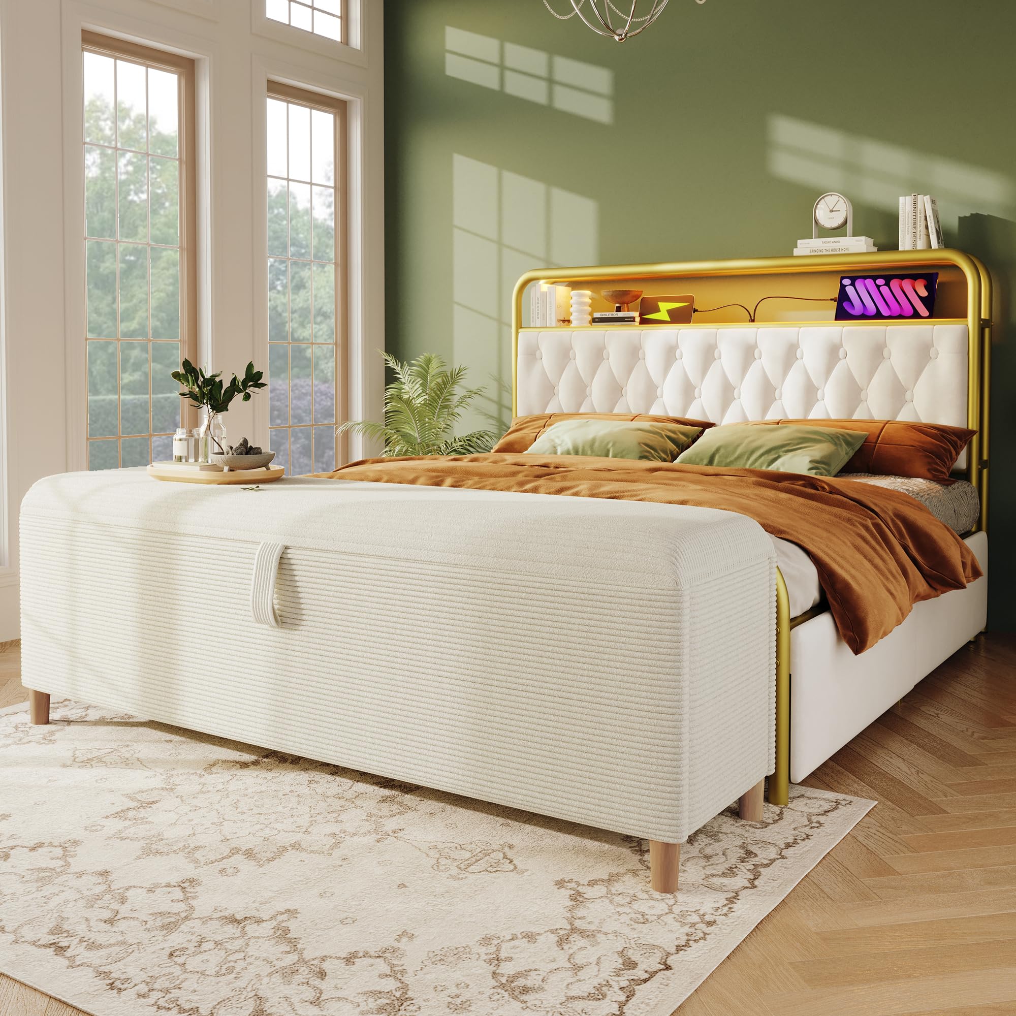 OKMYHOME Banc de Lit avec Coffre de Rangement Hydraulique, Assise en Velours Côtelé Beige, Bois Massif et MDF, 145x38x46 cm