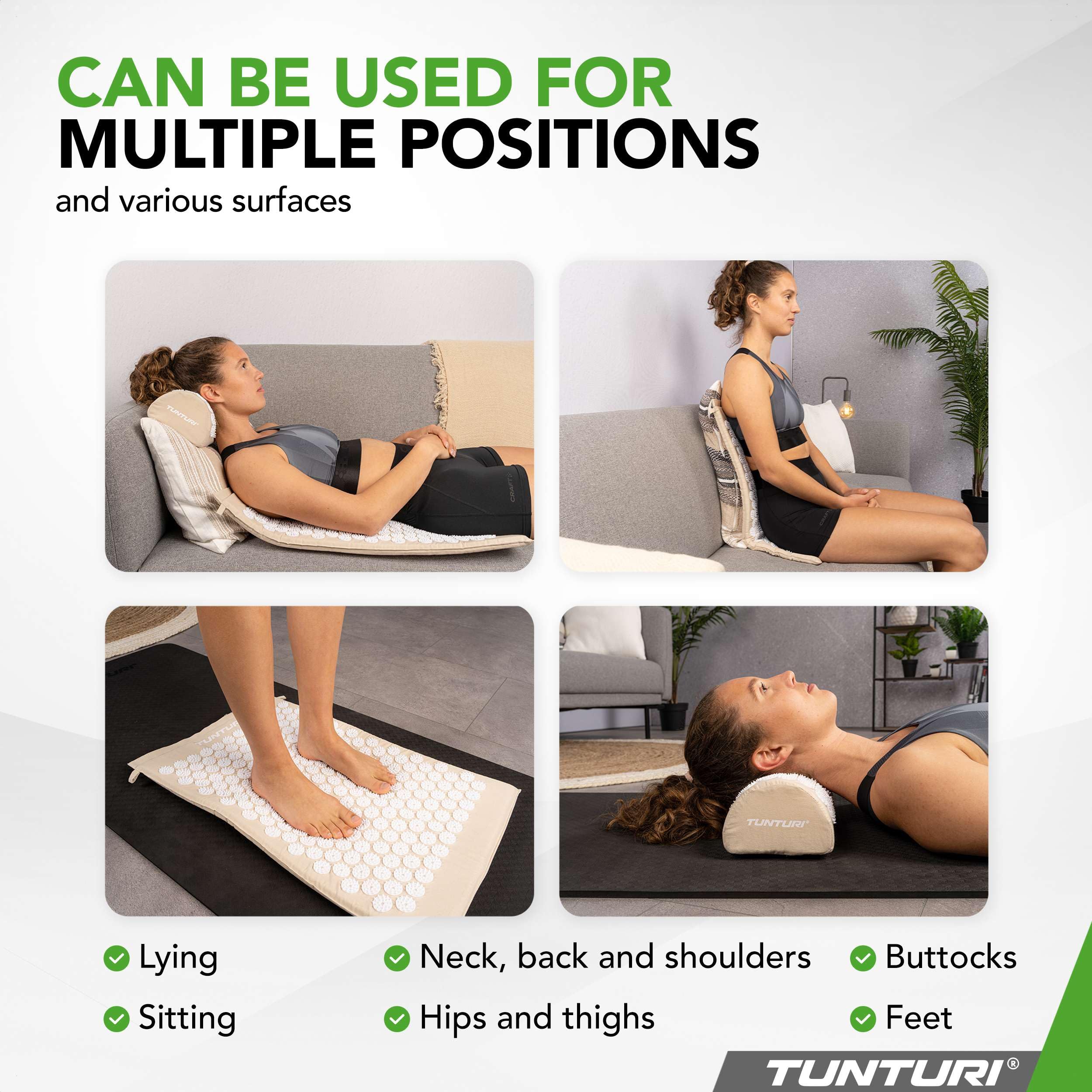 Tunturi Esterilla de acupresión y almohada – Esterilla de acupuntura – Esterilla de acupresión 2 en 1 – Anti estrés – 68 x 42 x 2 cm – Beige