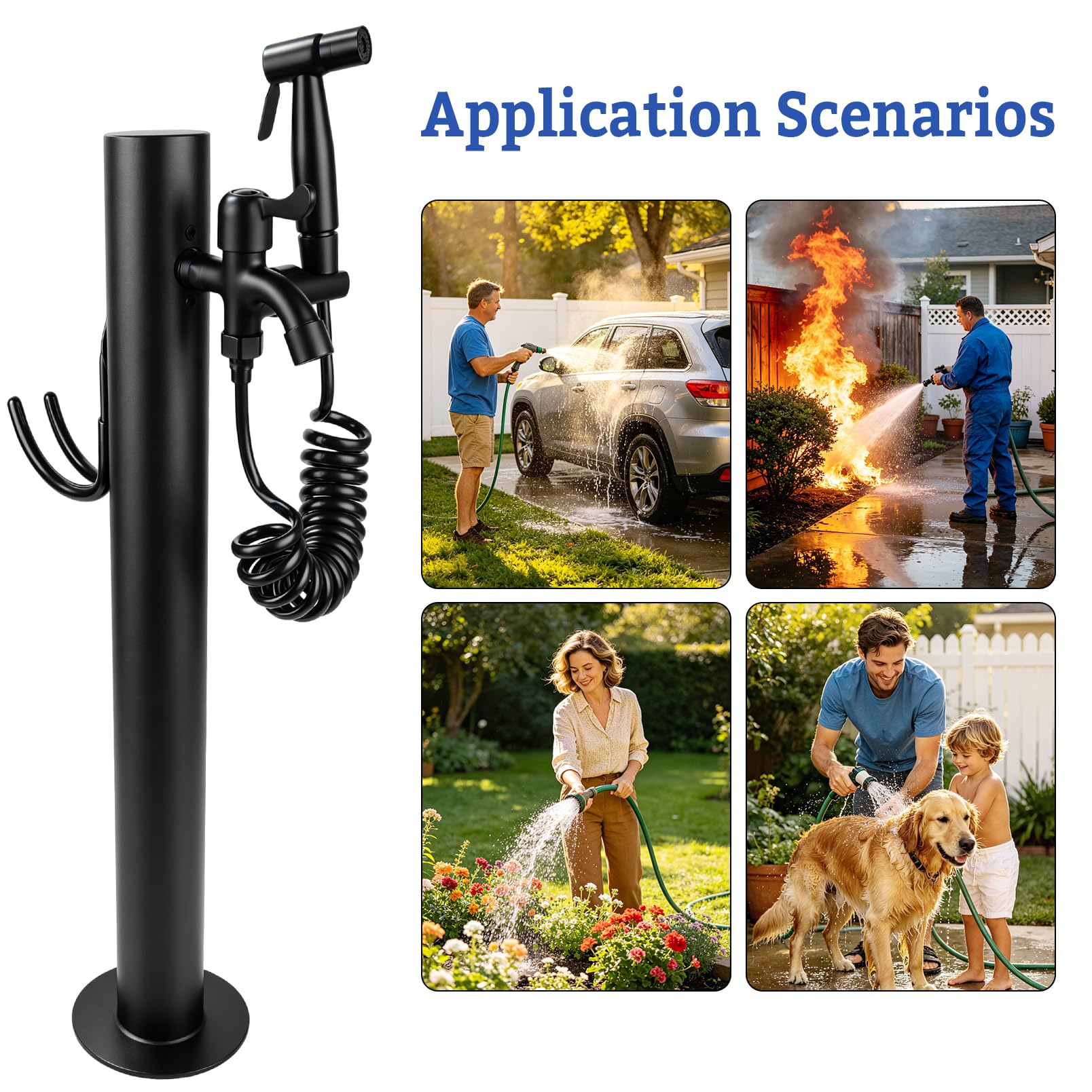 Columna de Agua Vertical para Exteriores con Grifo (Altura: 60 cm) | Hidrante cilíndrico con pistola rociadora, grifo de jardín anticongelante con soporte para manguera y base redonda