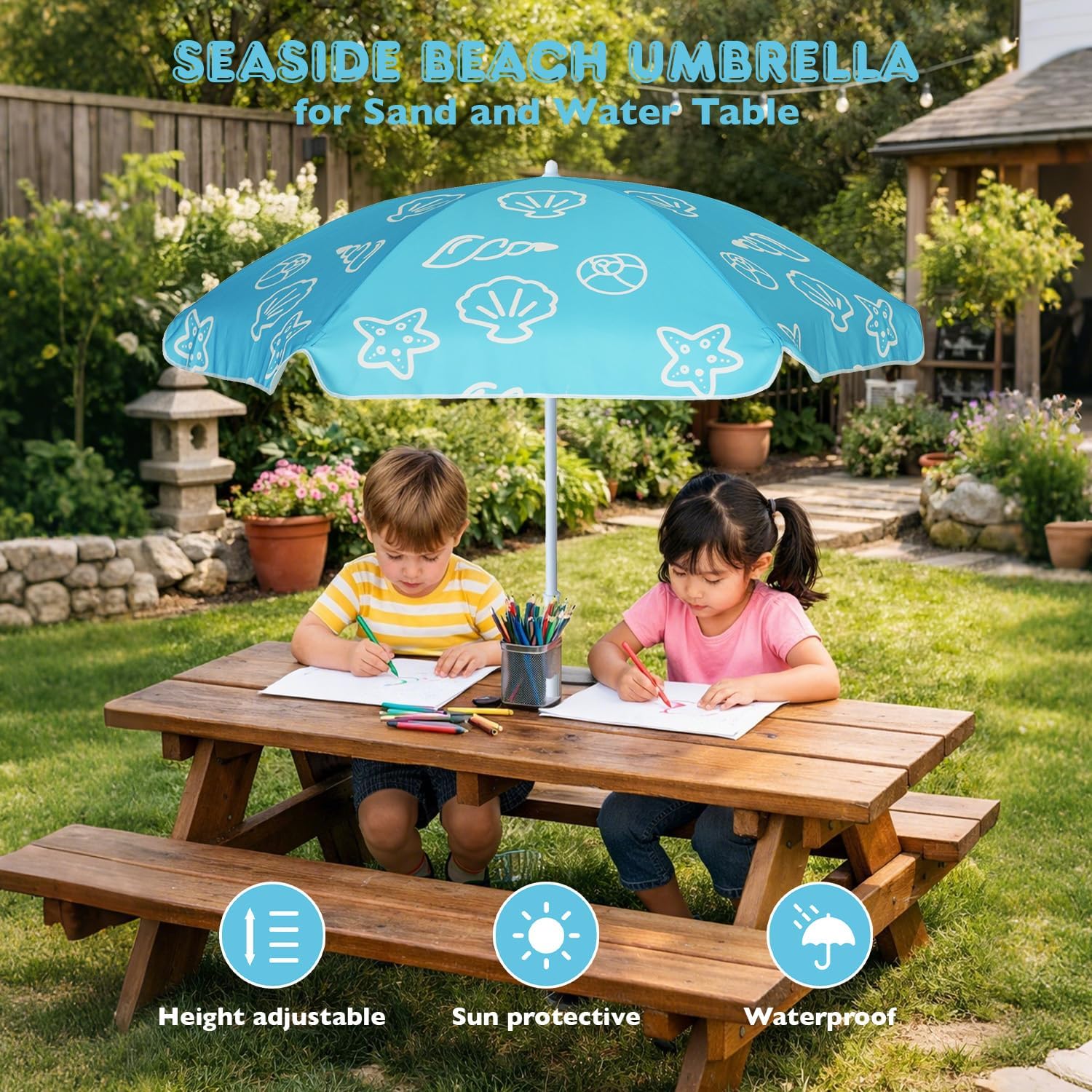 AMMSUN 5ft Seaside Beach Umbrella for Sand and Water Table - Kids Durable Umbrellas for children Beach Camping Garden Outdoor Play Shade