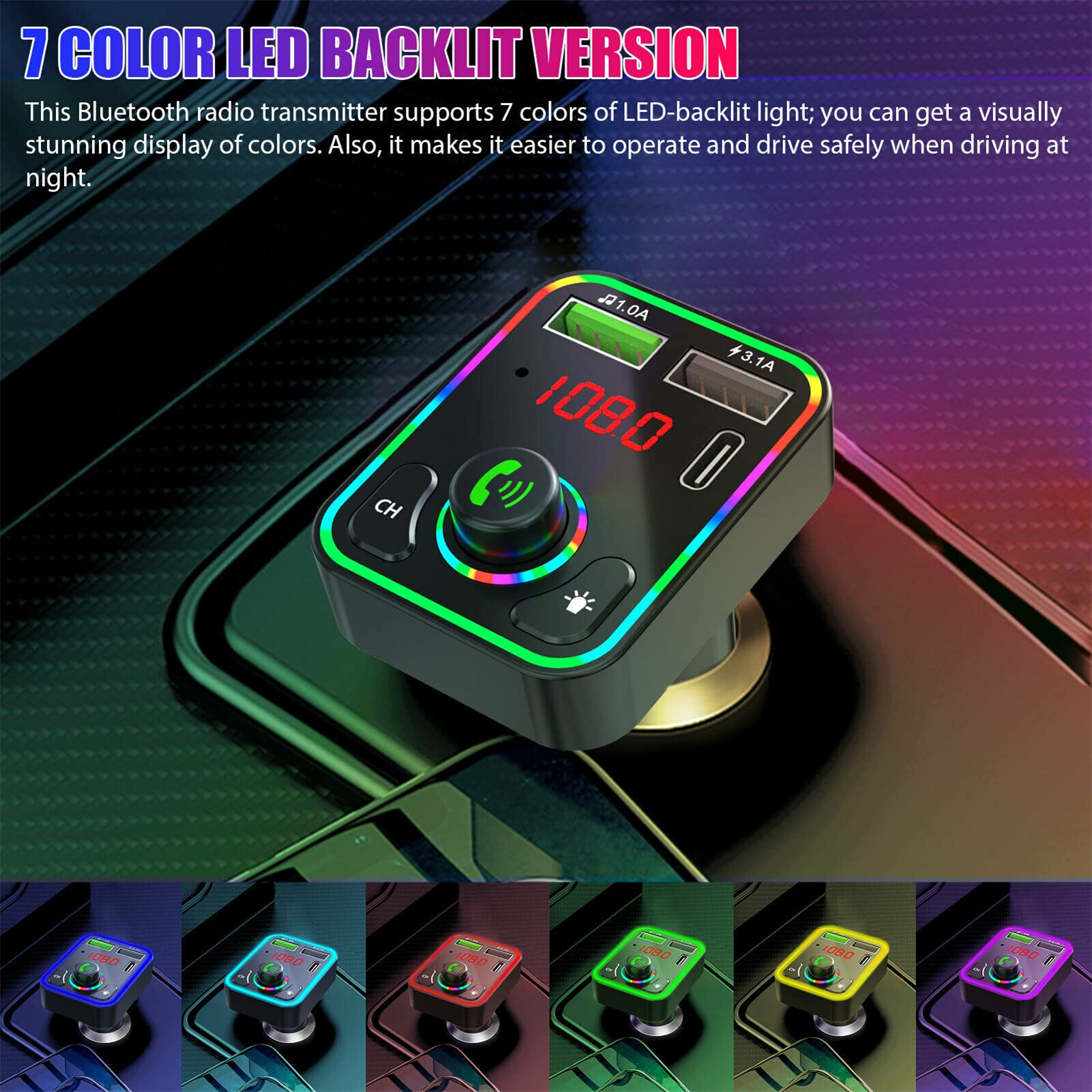 Auto-Audio Bluetooth Controller, odtwarzanie MP3 na telefonie, bezprzewodowy transmiter Fm, moduł kontrolera Bluetooth 5.0, adapter USB + zestaw głośnomówiący + oświetlenie otoczenia LED