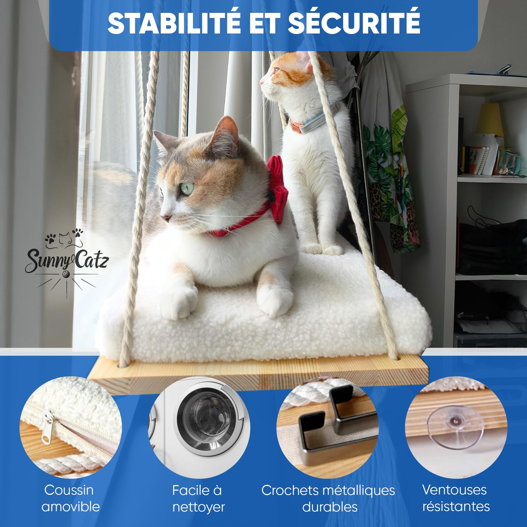 Hamac Chat Fenetre | Hamac Fenetre Chat Robuste et Ventouses Solides avec Panier Chats Moelleux | Lit Chats Interieur | Cat Bed | Table Suspendue Balcon 18 kg (49x29 cm) Coussin avec Housse Lavable