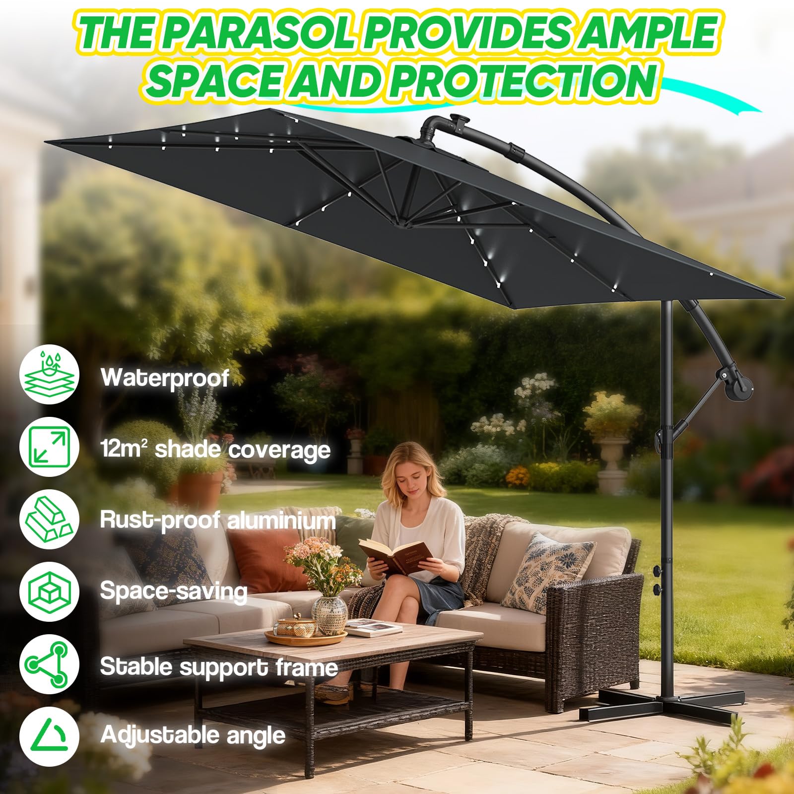 Verdego Sonnenschirm mit Ständer, Ampelschirm Rechteckig Ø350cm, Gartenschirm mit Kurbel, Schutzhülle, UV-Schutz Windfest Wasserabweisend Aluminium, Marktschirm, 360° Drehbar