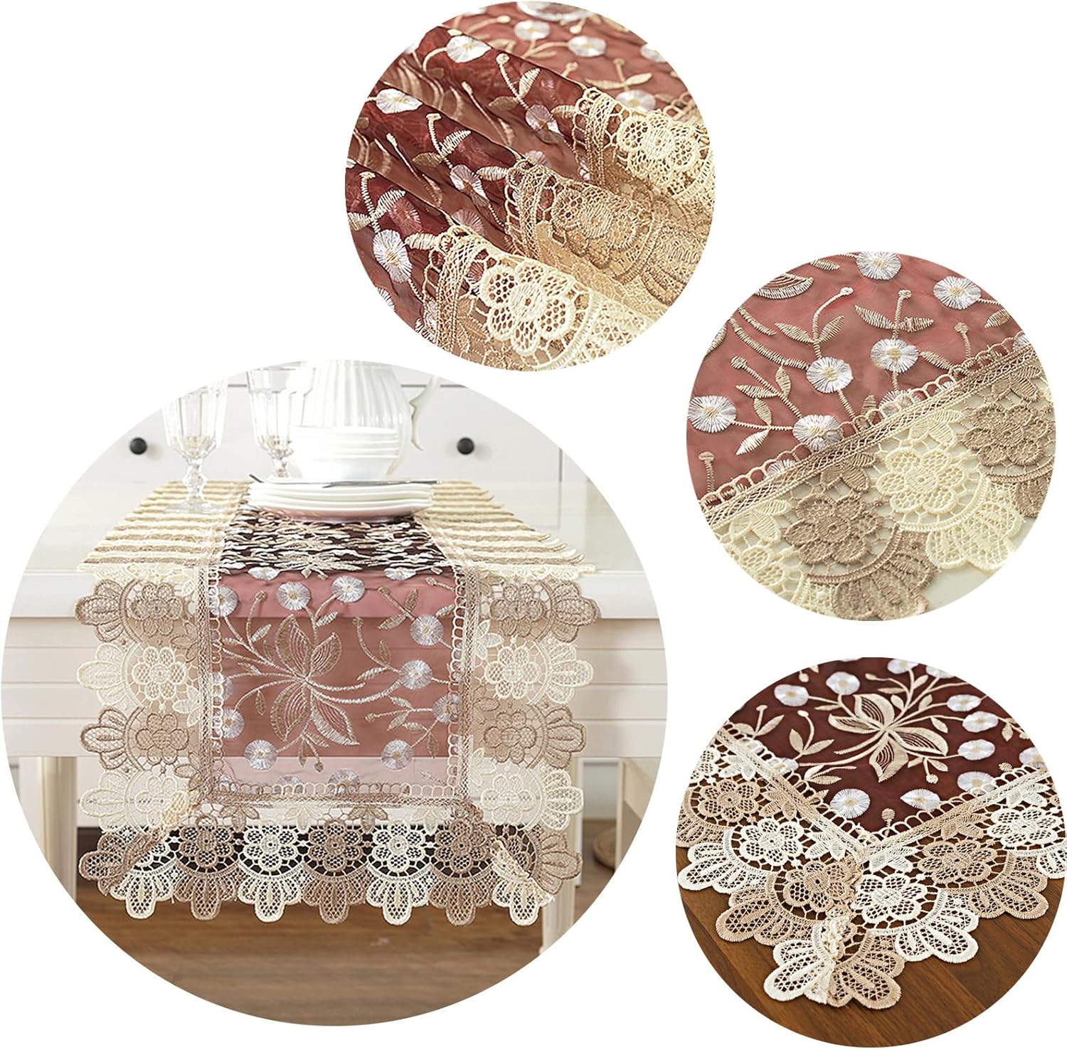 Lace Flower Embroidered Burgundy Table Runner Rectangle Farmhouse Dresser Scarf for Wedding Party Bridal Shower Dining Room Coffee Table Decor 16 x 70 Inch, Burgundy