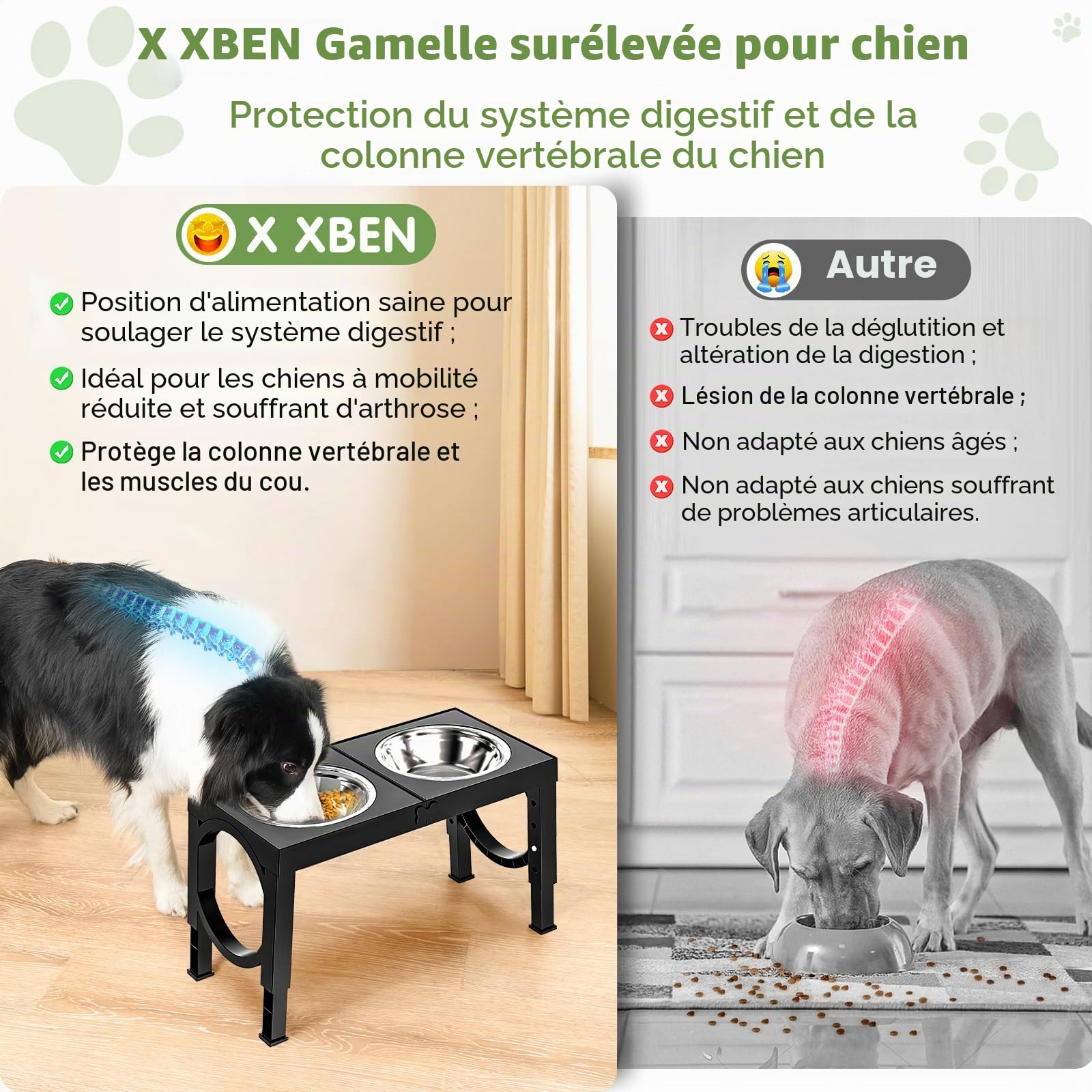 X XBEN Gamelle Chien Surélevées de 5 Hauteurs Ajustables, Gamelle pour Chien avec 2 Bols en Acier Inoxydable de 1,5L, Pliable, Antidérapant, Convient aux Petits, Moyens et Grands Chiens