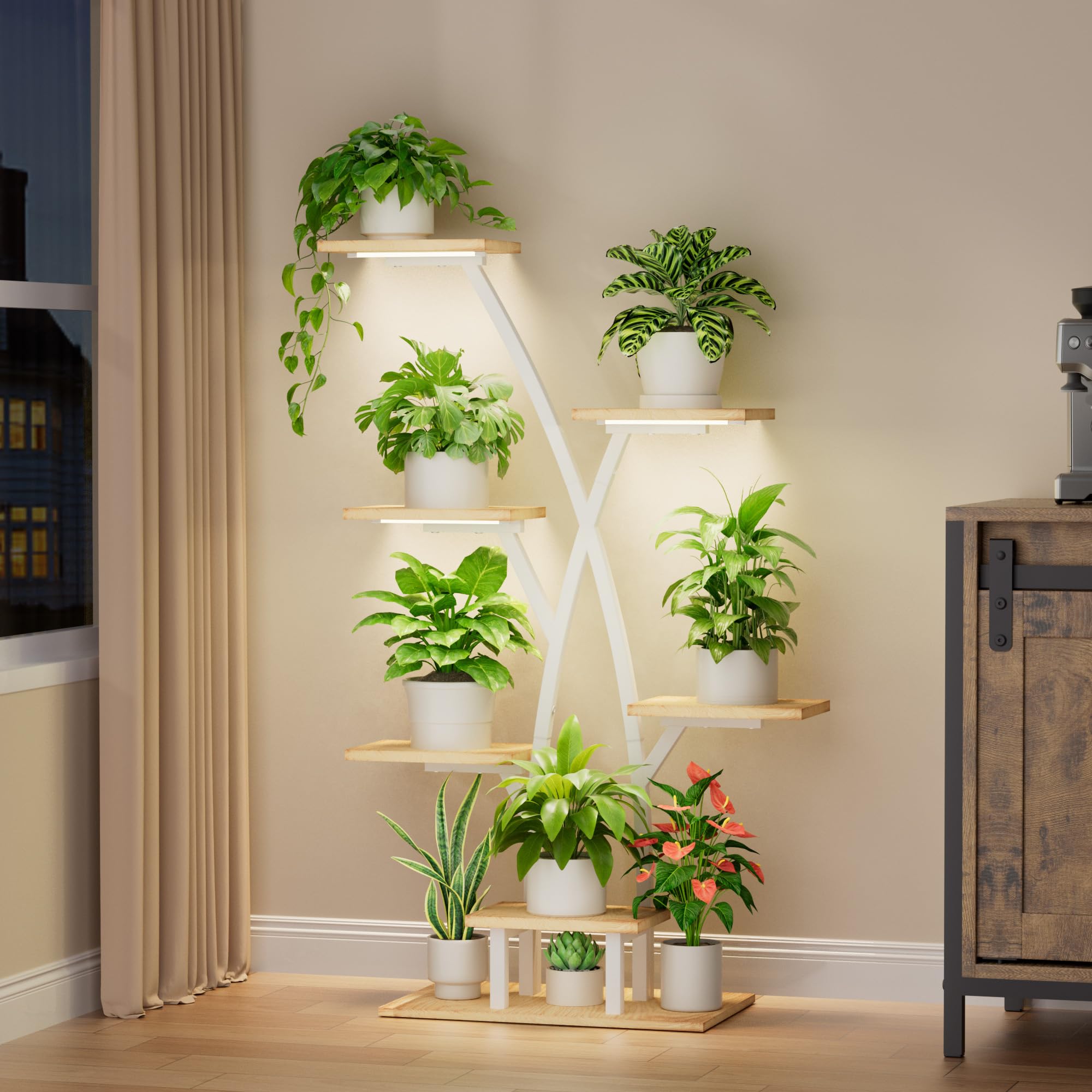 BACEKOLL Supporto per piante con luce di crescita, 7 livelli, 105 cm, in metallo e legno, per interni ed esterni, per interni, giardino, balcone (bianco)