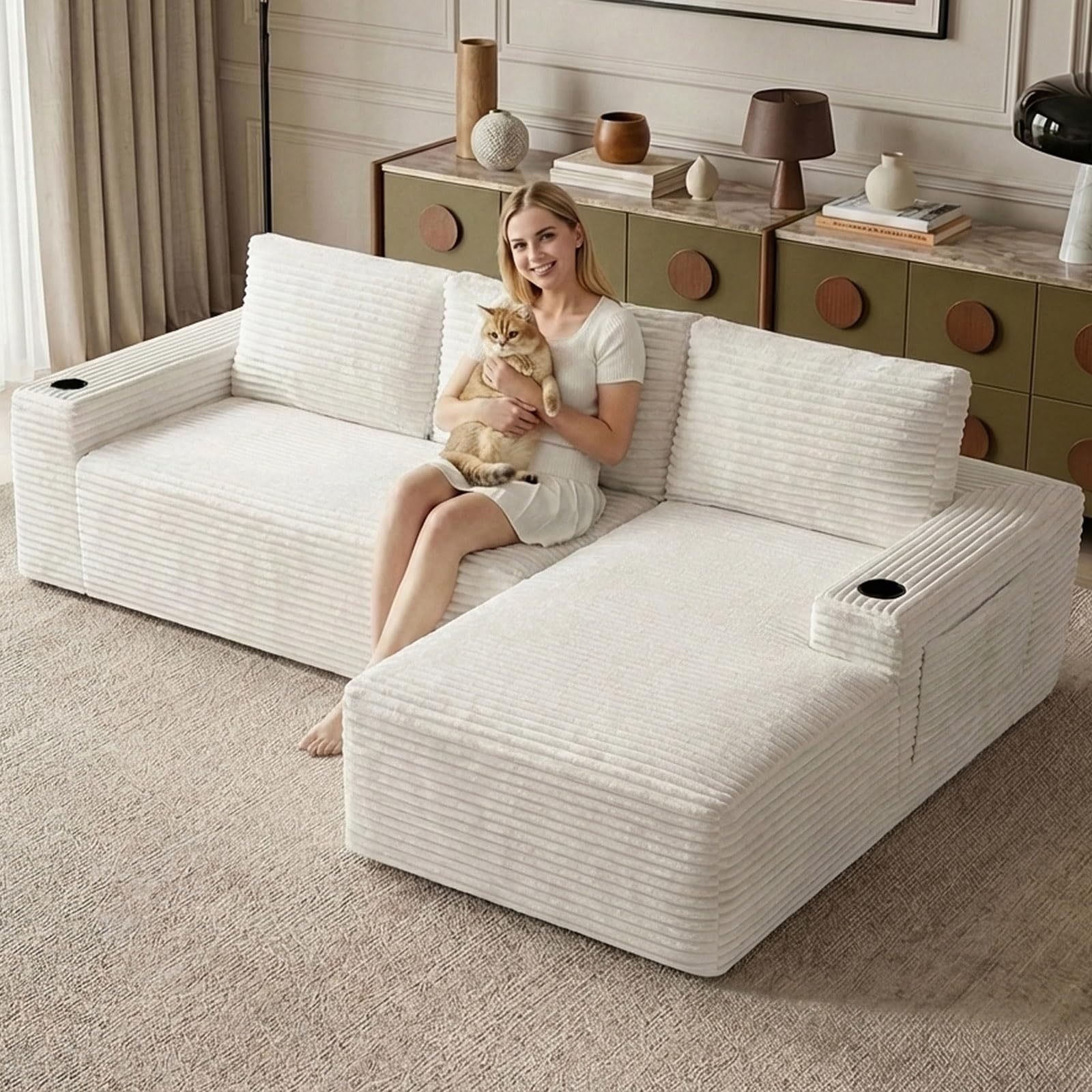 104.3" Modular Sectional Sofa,Modern Corduroy Cloud Couch with Cup Holder &amp; Side Pockets,Boneless Couch Upholstered 4-Seater L-Shaped Sofa for Living Room,No Assembly (White, Right-Facing Chaise)