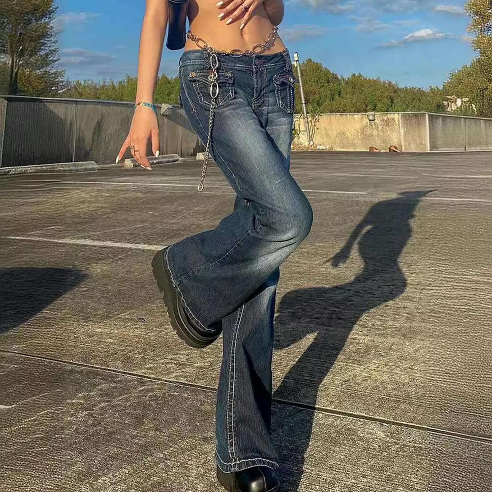 Jeans da Donna Svasati Elasticizzati Donna, Pantaloni A Vita Medio-Bassa, vestibilità Ampia, Vintage Invecchiati-Blu Scuro-2xl
