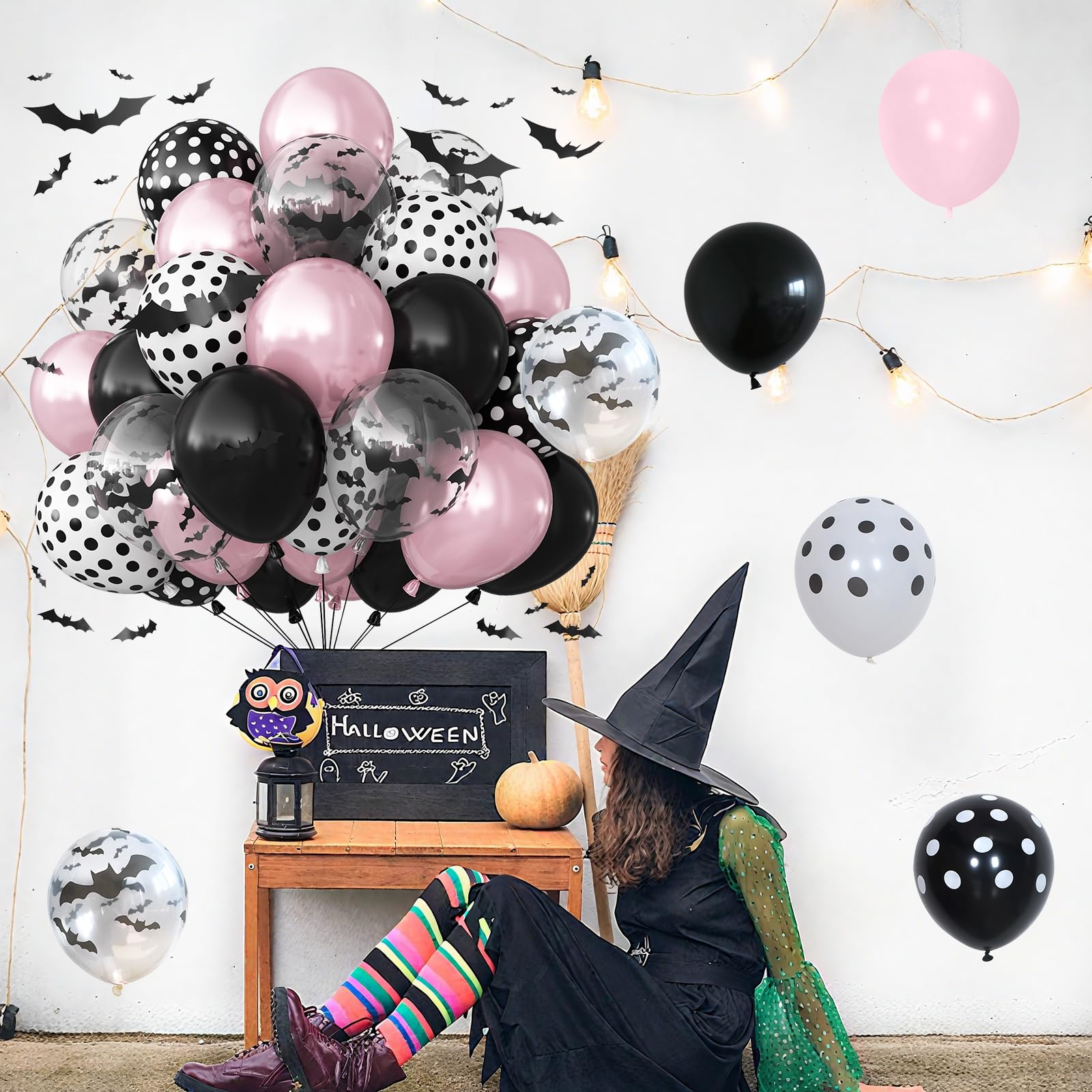 Balony na Halloween, różowy i czarny balon z naklejkami 3D, nadruk nietoperza, balony i balon w kropki, dla dziewcząt, noc, różowy, Halloween, duch, straszne urodziny, baby shower, dekoracja na