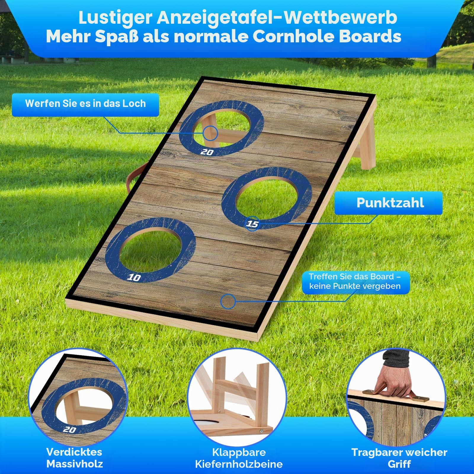 NZQXJXZ Cornhole Spiel Outdoor, 60x35cm Massivholz Premium Corn Hole Boards | mit 6 Cornhole Säckchen und Einer Tragetasche, Tragbar Cornhole Toss Set für Familie und Erwachsene
