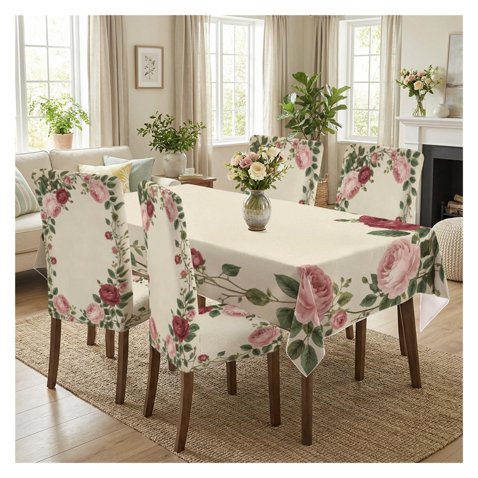 BOSUYBN Vintage Rose Garland Dining Chair Covers & Tablecloth Set, 5/7 Piece Cream Background Slipcovers For Cottagecore Home Decor Table Setting(5pcs Set: Tablecloth+Chair Covers)