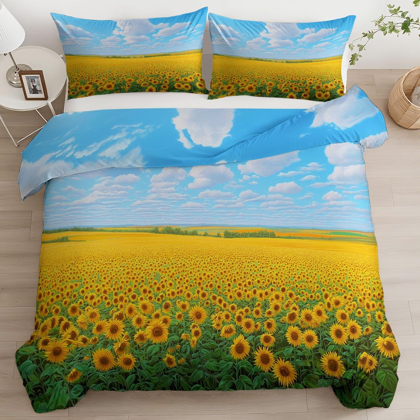 Poszewka na kołdrę 155 x 220 cm, nowoczesny zestaw pościeli premium, 100% mikrofibra, 3-częściowa poszewka na kołdrę + 2 poszewki na poduszkę 80 x 80 cm, słoneczniki, pola kwiatów, krajobraz renforcé