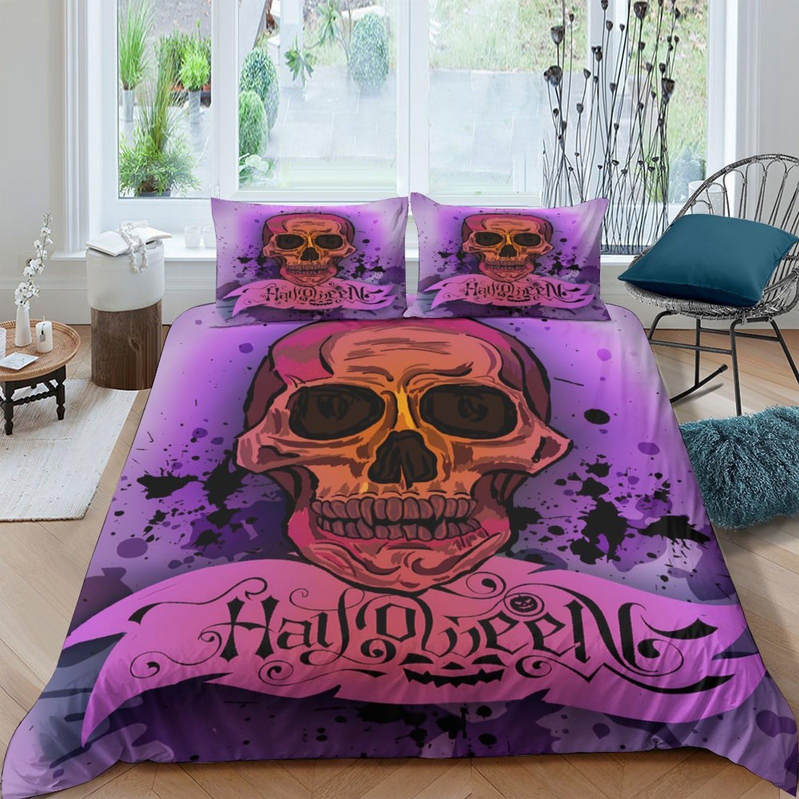 Ctjqhvkz Style-4 3D Printed Halloween Skull Fitted Sheet Microfiber Purple Bed Cover For Bedroom Dorm Decor Mattress Protection Single（135X200cm）