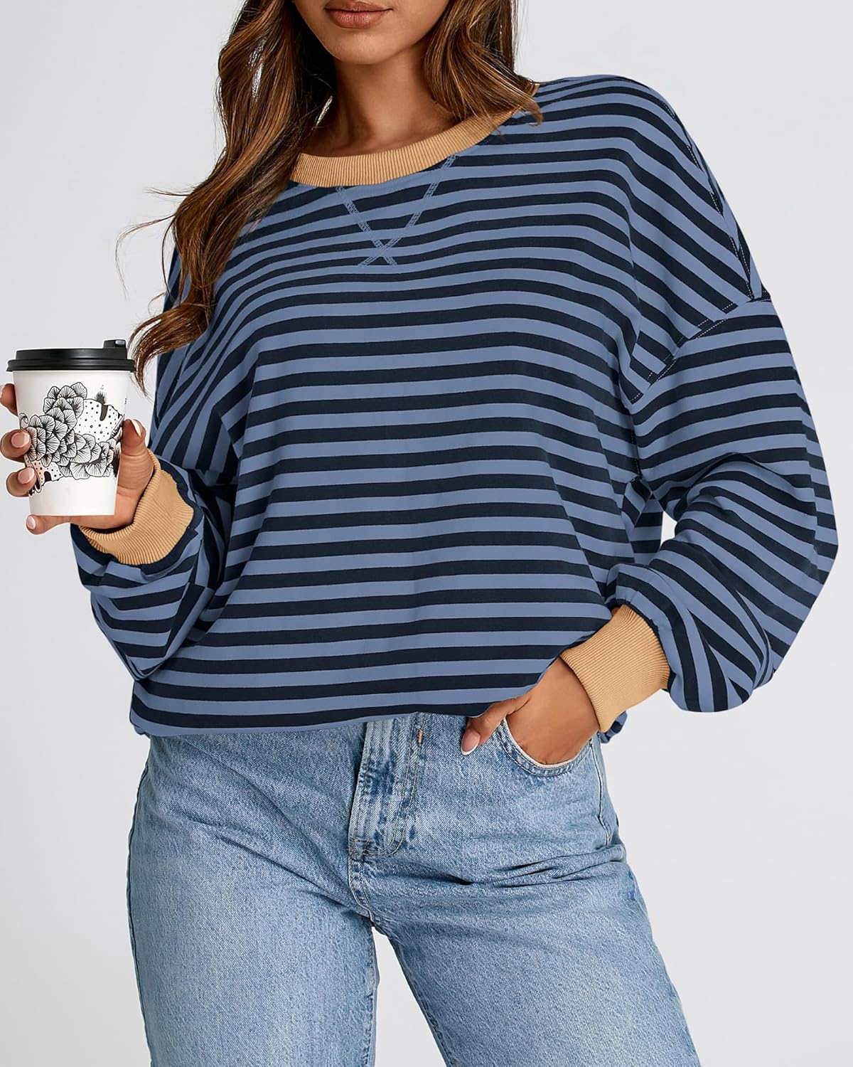 BTFBM Womens Oversized Striped Sweatshirt 2026 Spring Crewneck Long Sleeve Pullover Top Casual Y2K Clothes Workout Shirt - Image 5