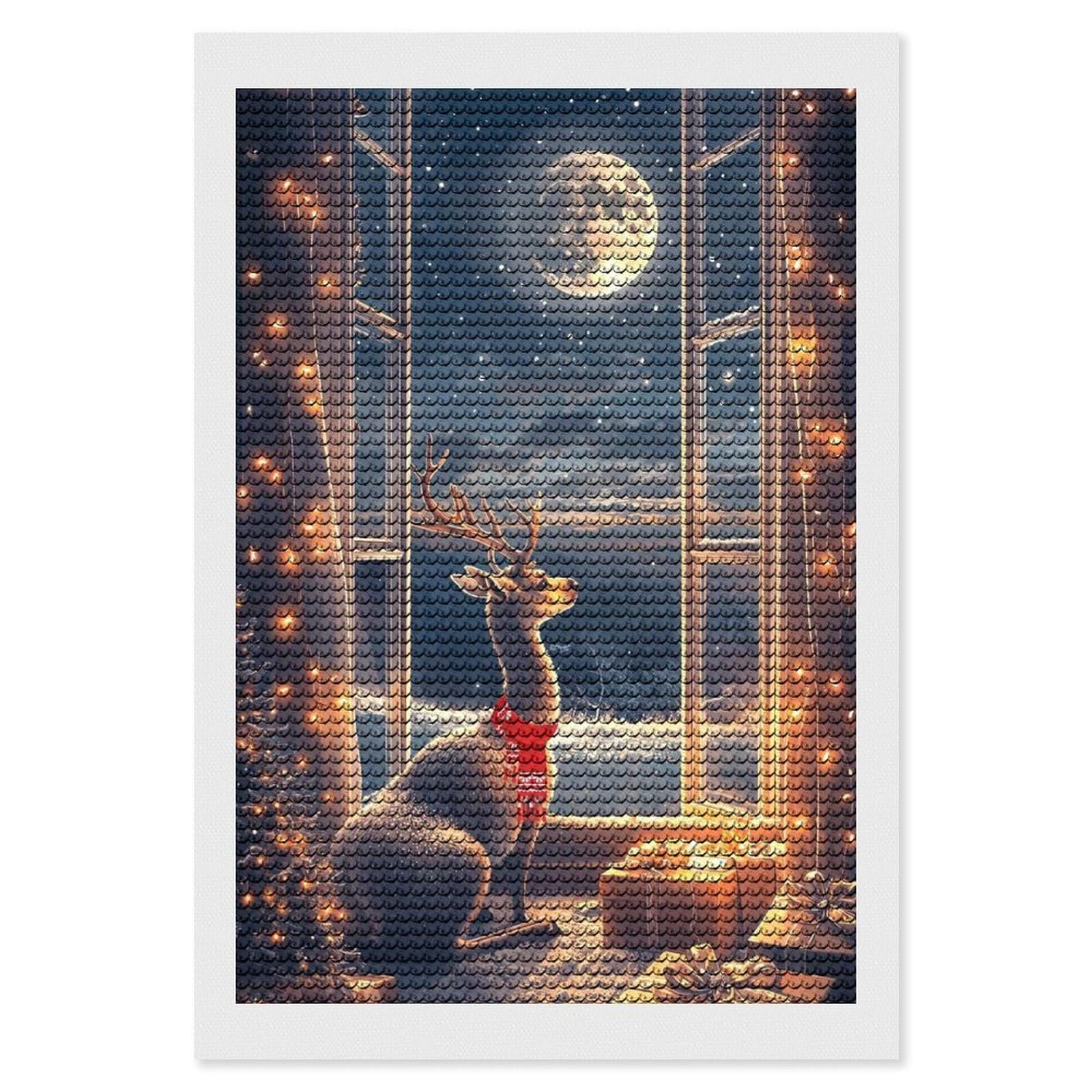 Junmoney Reindeer Chrismas Window Diamond Painting Set 8"x12", for Beginners, Modern Decor, Simple to Start, Gift Idea, Pleasing Wall Art Project