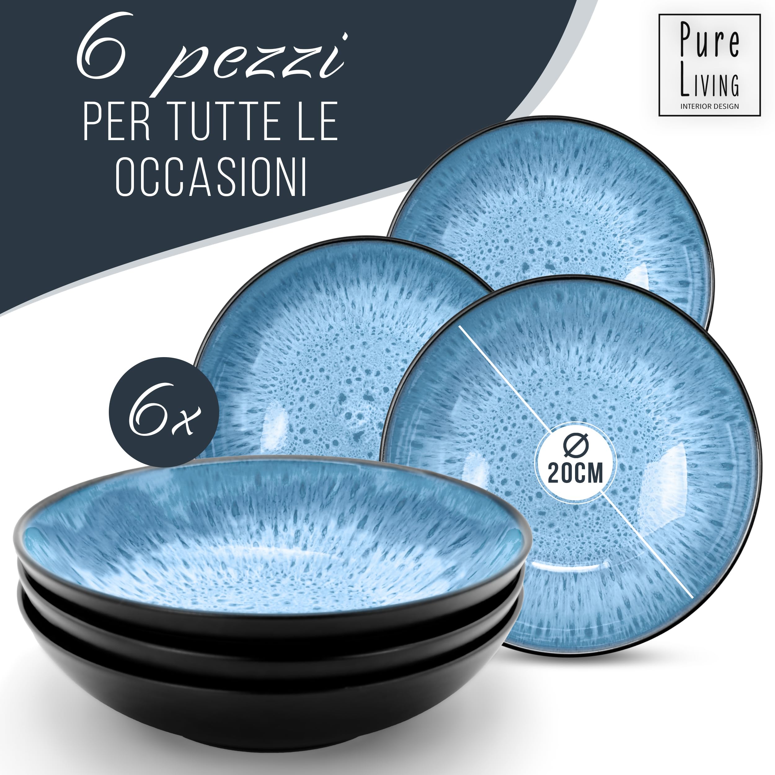 Set di 6 Piatti Fondi Moderni della Serie Ibiza, Eleganti Piatti per Pasta e Zuppe, Design Stiloso - Servizio Piatti per 6 Persone in Steingut - Pure Living Nero e Blu Profondo