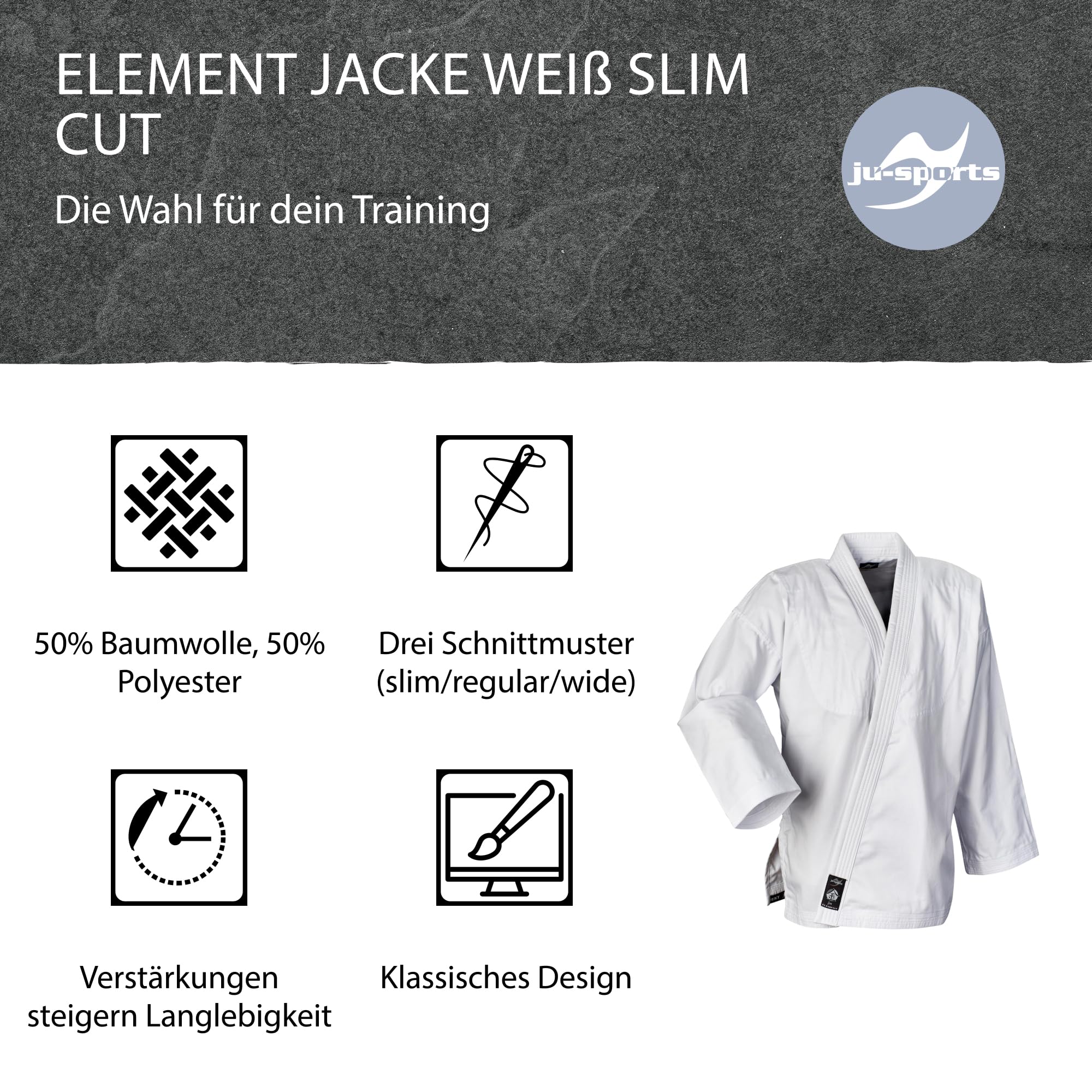 Ju-Sports Element Judo Jacke Kinder & Erwachsene weiß slim cut - Judogi Jacke aus langlebigem Mischgewebe mit doppelt verstärktem Schulter- & Brustbereich