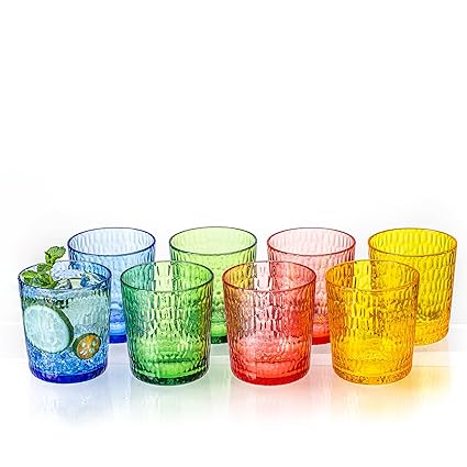 MIYOPESI Acrylic Glasses, Unbreakable BPA-Free Drinkware, Set of 8, 15oz Colorful Honeycomb Modern Rocks Cups