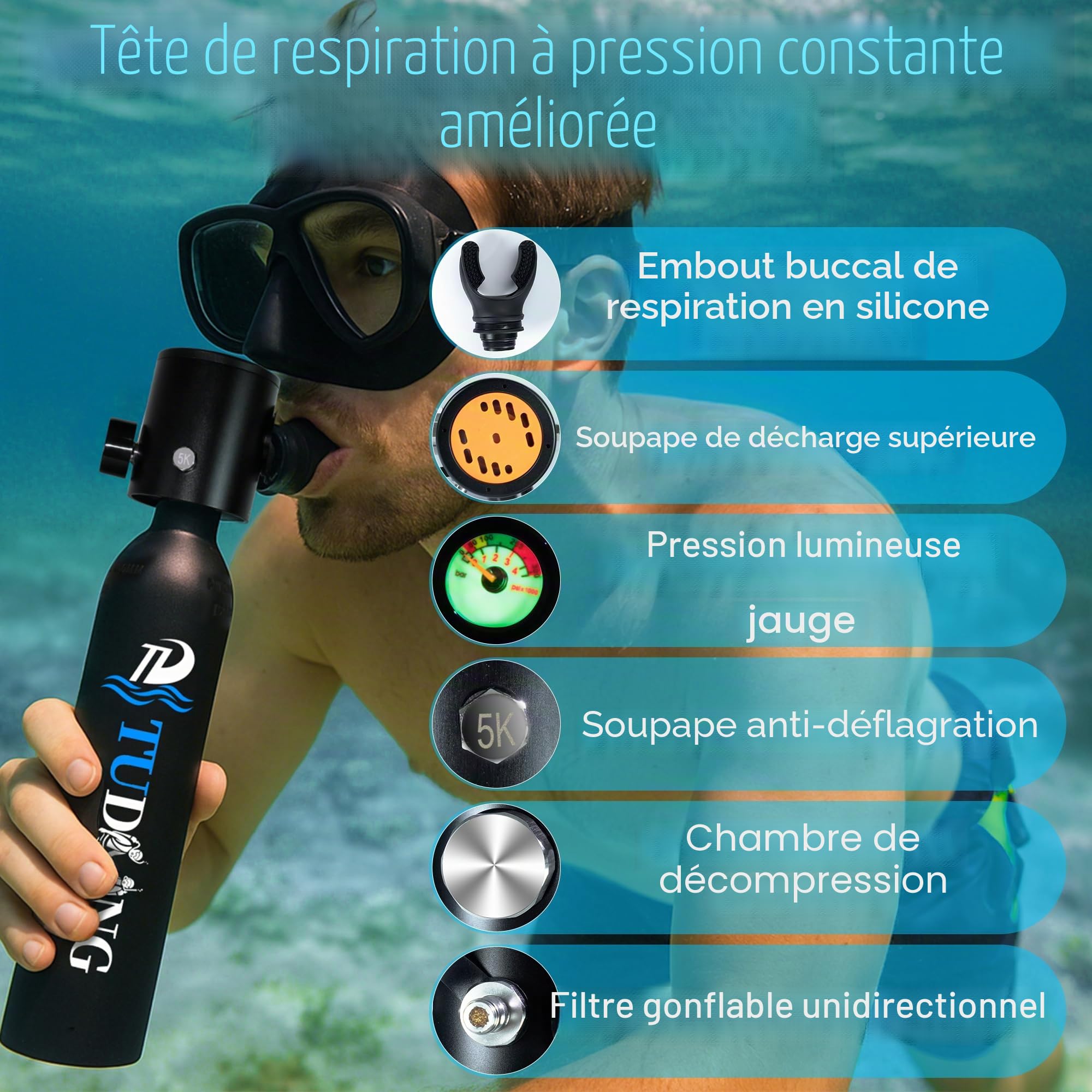 TUDIVING - Ensemble de Bouteilles de plongée sous-Marine de 0,5 L, Mini Bouteille d'oxygène avec compresseur, kit de plongée Portable de Voyage