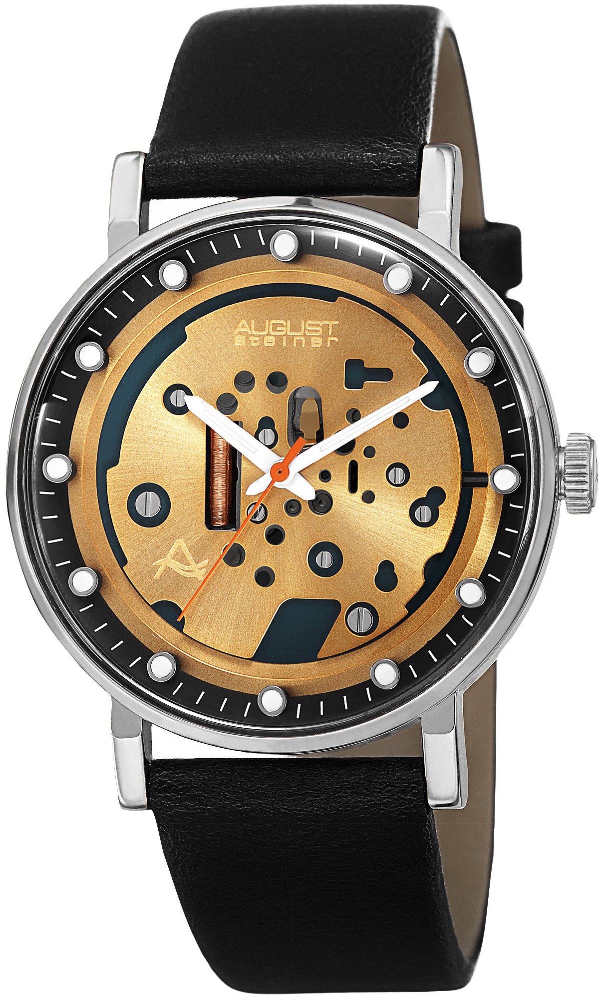 August Steiner Men's Steampunk Dress Watch -Dial with Orange Second Hand on Genuine Leather Strap