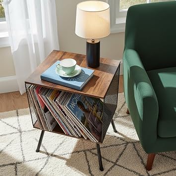 Vinyl Record Player Stand with Storage, Retro Turntable Table with Adjustable Dividers Holds up to 100 LPs, Record Holder & Organiser for Bedroom Living Room