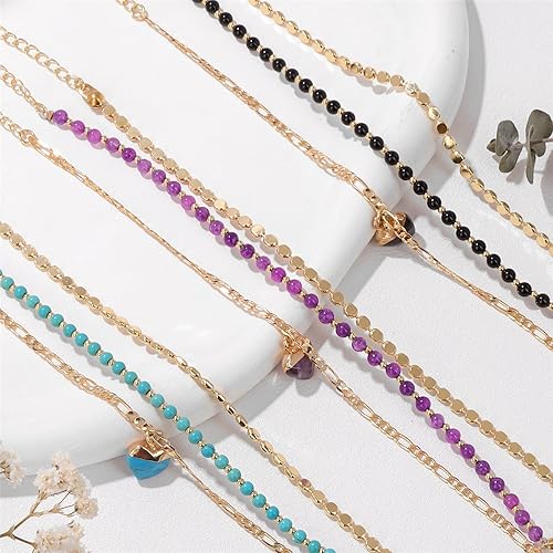 Miniatura 6 de Raicegs Juego de pulseras de cuentas de oro de 18 quilates para mujer, pulsera de cristal en capas de 0.118 pulgadas, amatista, turquesa, cuentas de